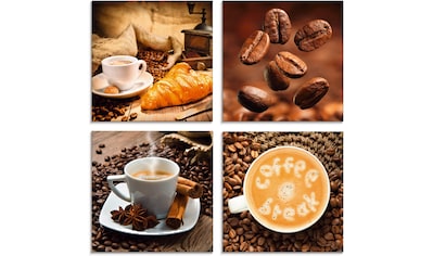 Glasbild »Kaffeetasse Croissant Kaffeebohnen«, Getränke, (4 St.), in verschiedenen Größen