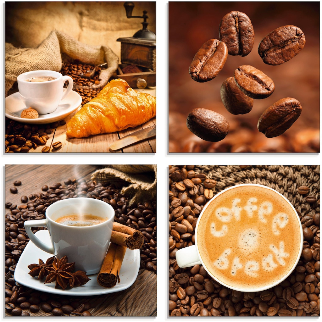 Artland Glasbild »Kaffeetasse Croissant Kaffeebohnen«, Getränke, (4 St.), in verschiedenen Größen