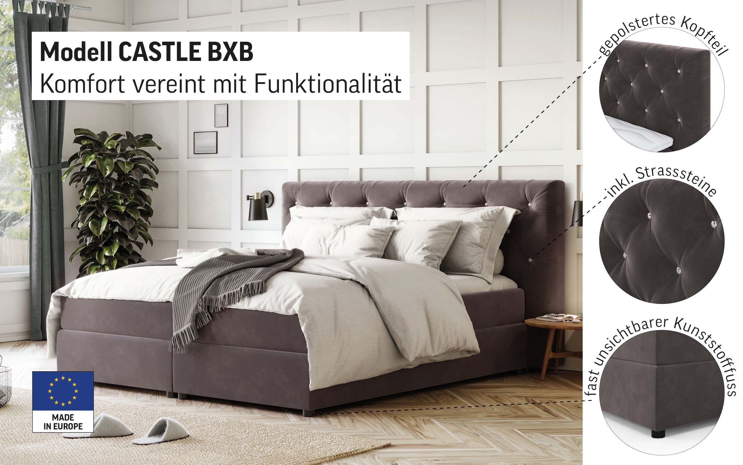 COTTA Boxspringbett »Castle«, mit Strasssteinen im Kopfteil, inkl. Topper