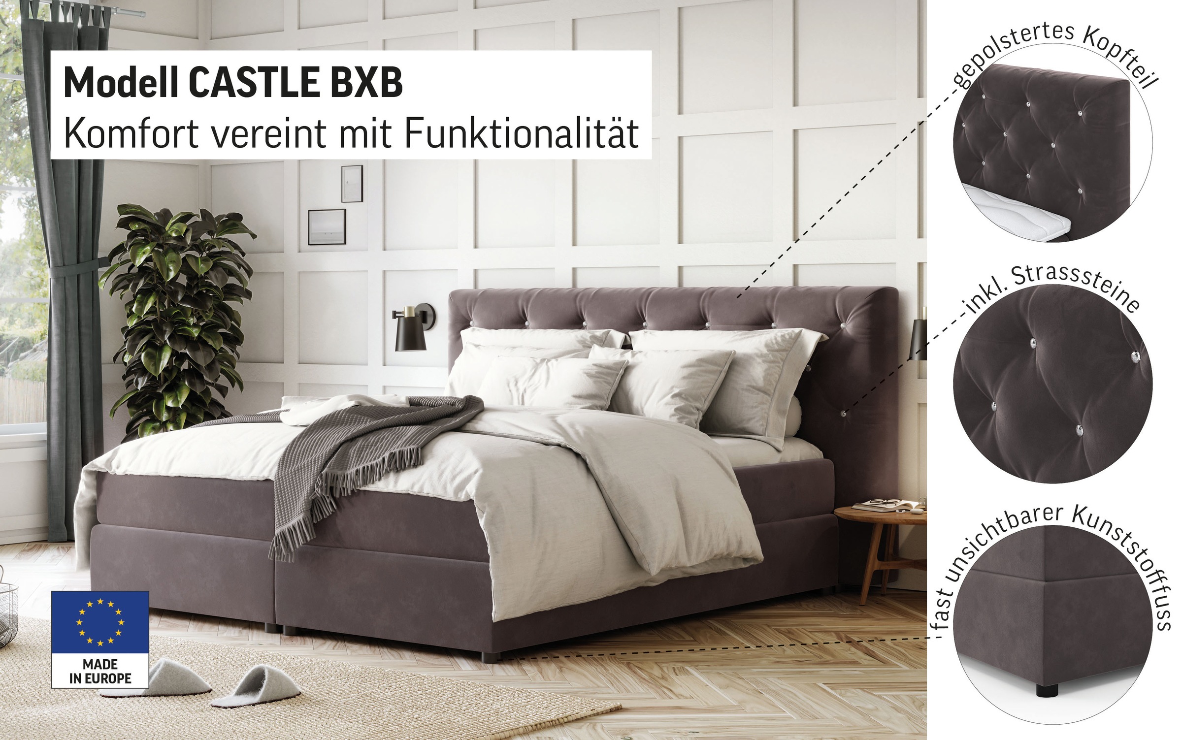 Boxspringbett COTTA "Castle", grau (light grau), B:184cm L:220cm, 100% Polyester (PES), Komplettbetten, Boxspringbett, mit Strasssteinen im Kopfteil, inkl. Topper 3