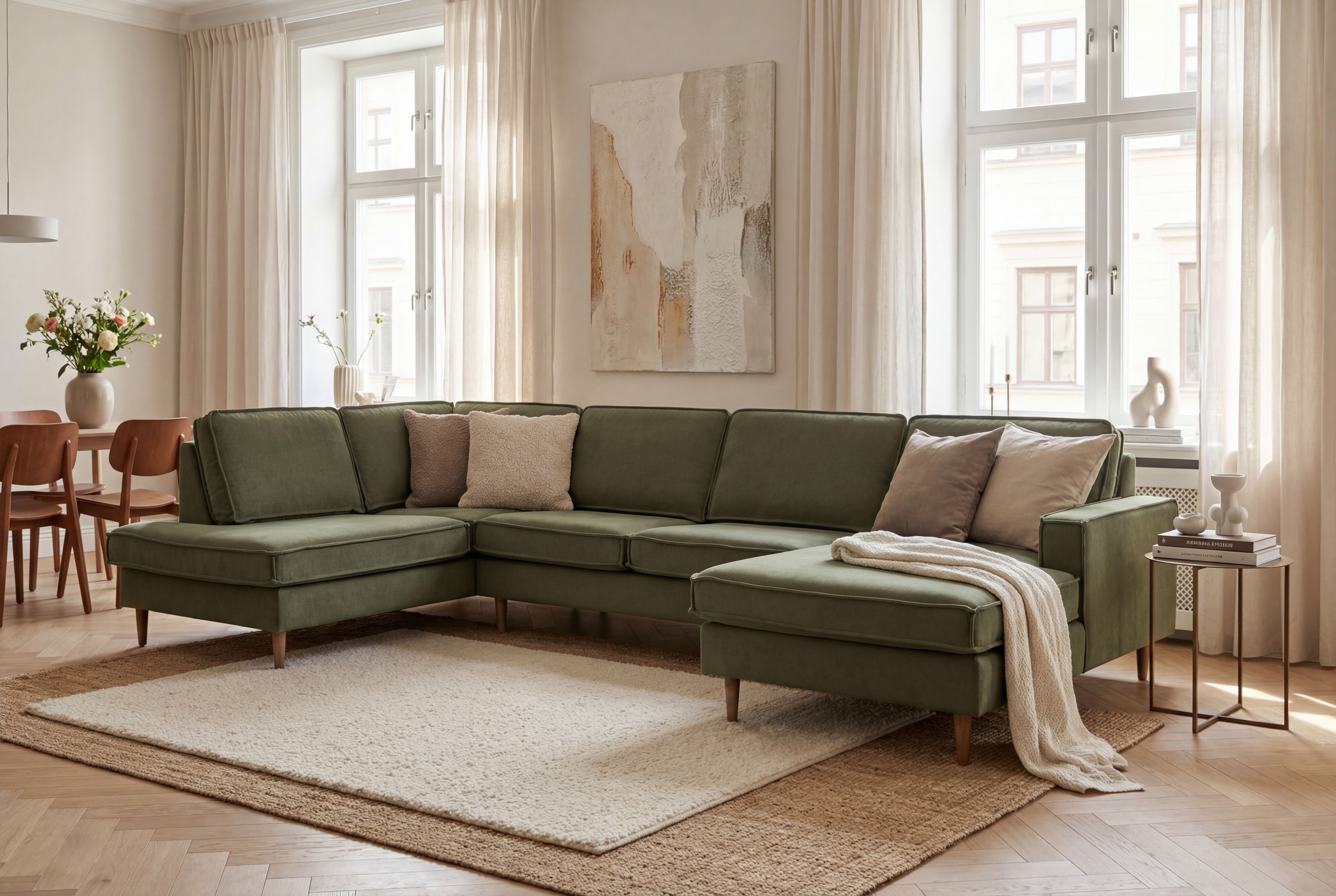 OTTO home Wohnlandschaft "Pinto Skandi, 350 cm, U-Form, XXL, mit Ottomanen" mit Keder, Massivholzfüße Eiche geräuchert, Wellenunterfederung