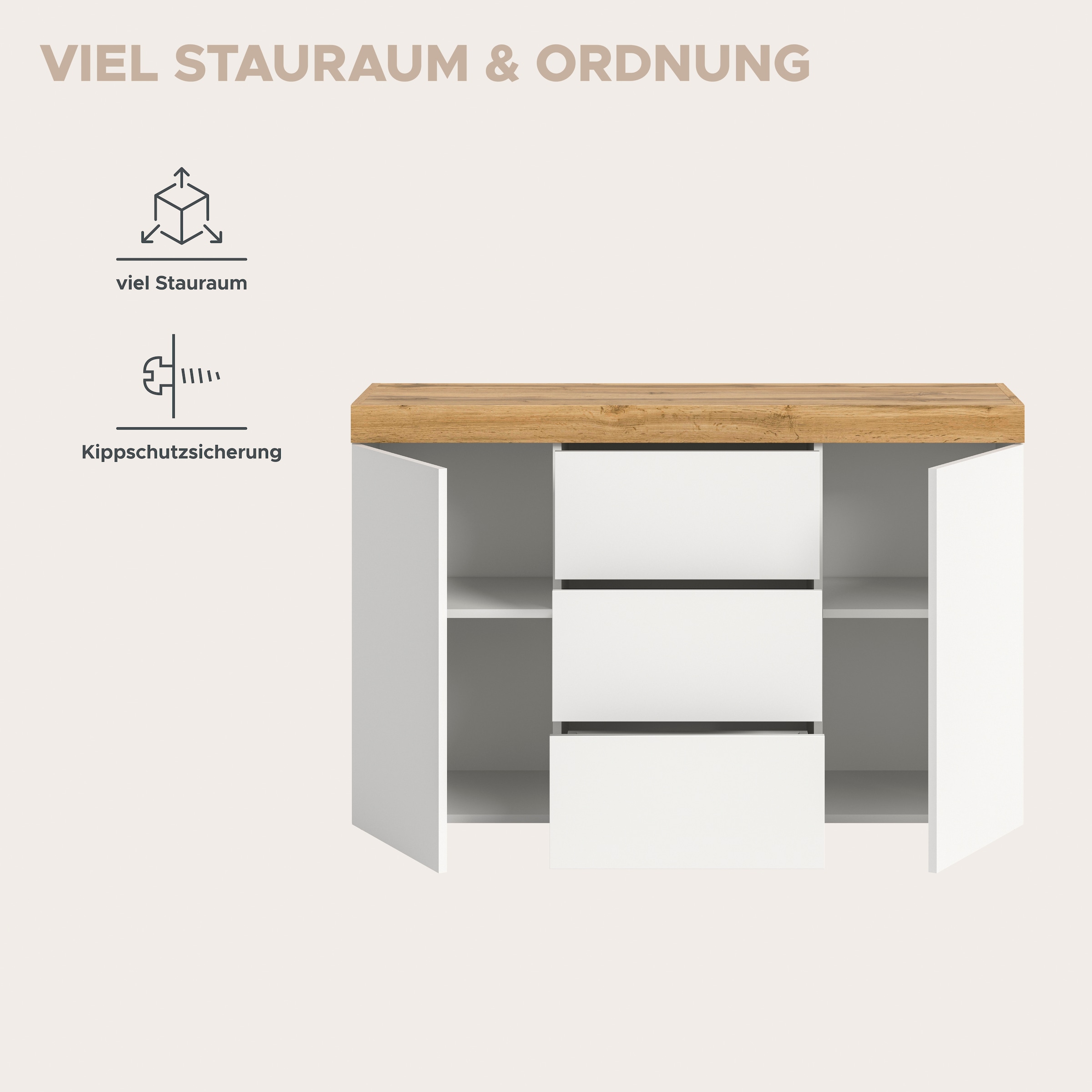 OTTO home Sideboard »MAMBO, Breite 125cm, 2 Türen, 3 Schubkästen, push-2-open« 2 farbige Ausführung, in verschiedenen Farben erhältlich, 1 Stk. tlg. Sideboard, Kommode, Wohnzimmer, Flur, Arbeitszimmer