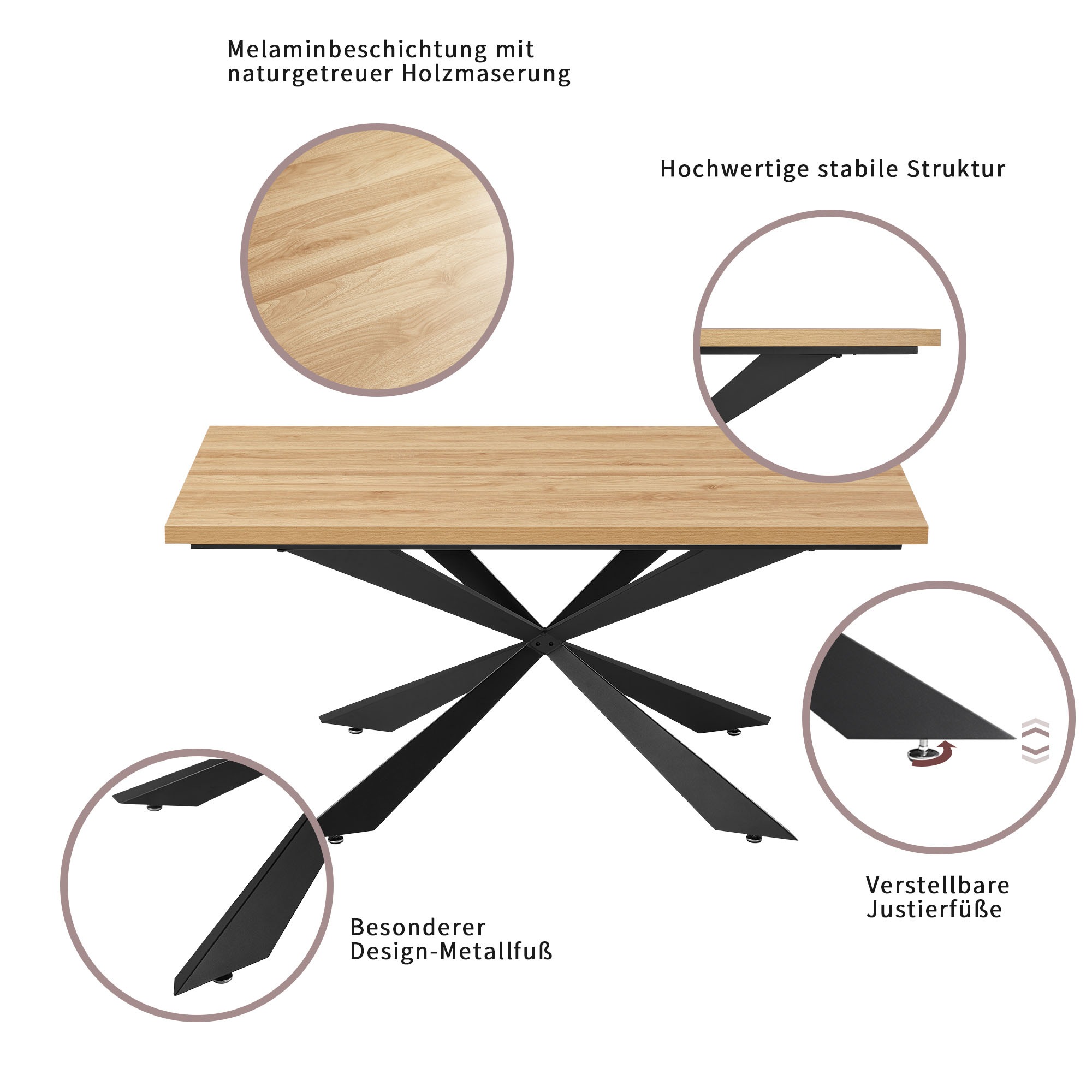 Esstisch OTTO HOME "Cusey", beige (naturfarben, schwarz, natur), B:140cm H:75cm T:70cm, Tische, Esstisch, Melaminbeschichtung mit naturgetreuer Holzmaserung, verschiedene Maße 2