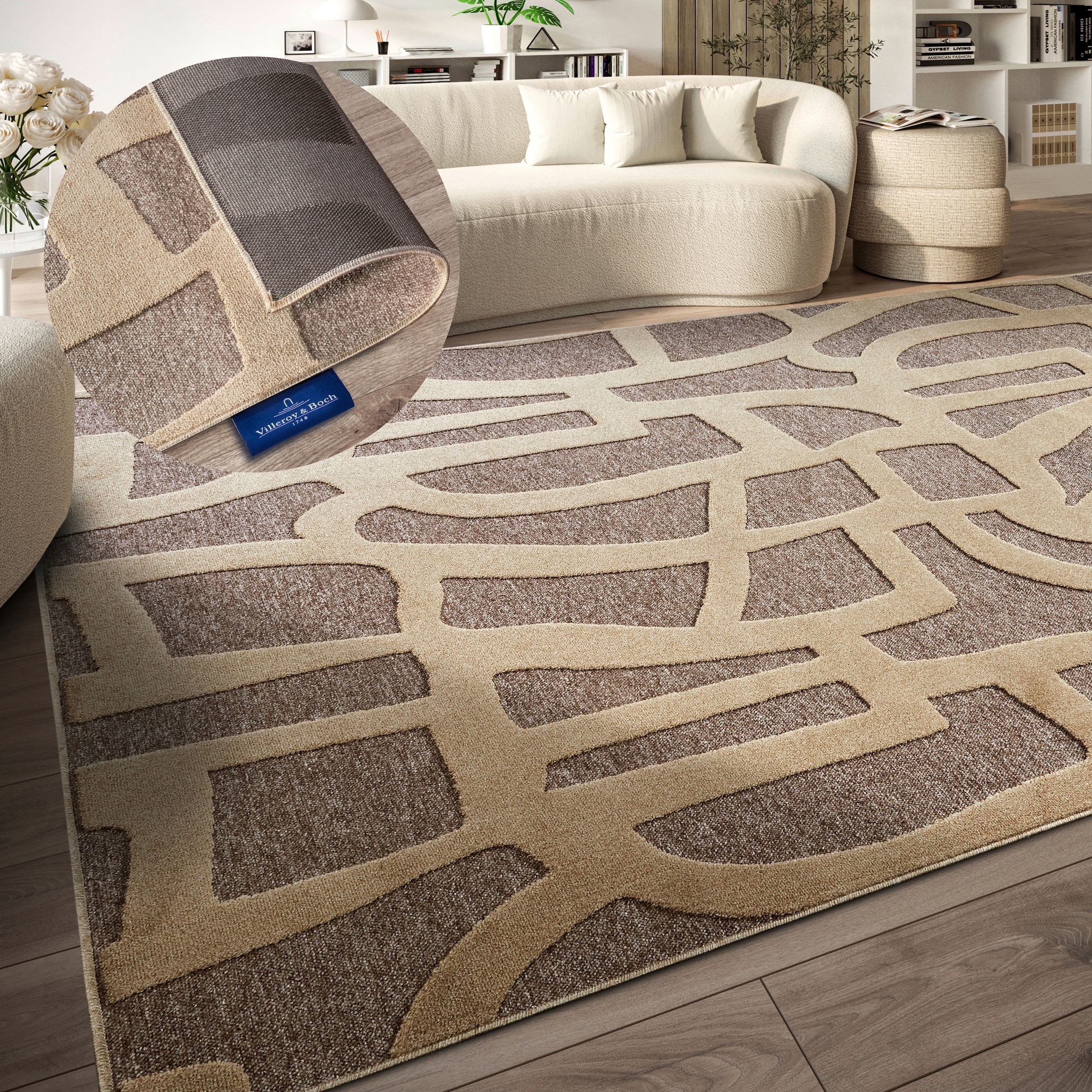 Teppich VILLEROY & BOCH "Therese", grau (grau,beige), B:200cm H:5,5mm L:290cm, Polyester, Teppiche, Teppich, Wohnzimmer, Schlafzimmer, Modern, Hoch-Tief Effekt, Flur