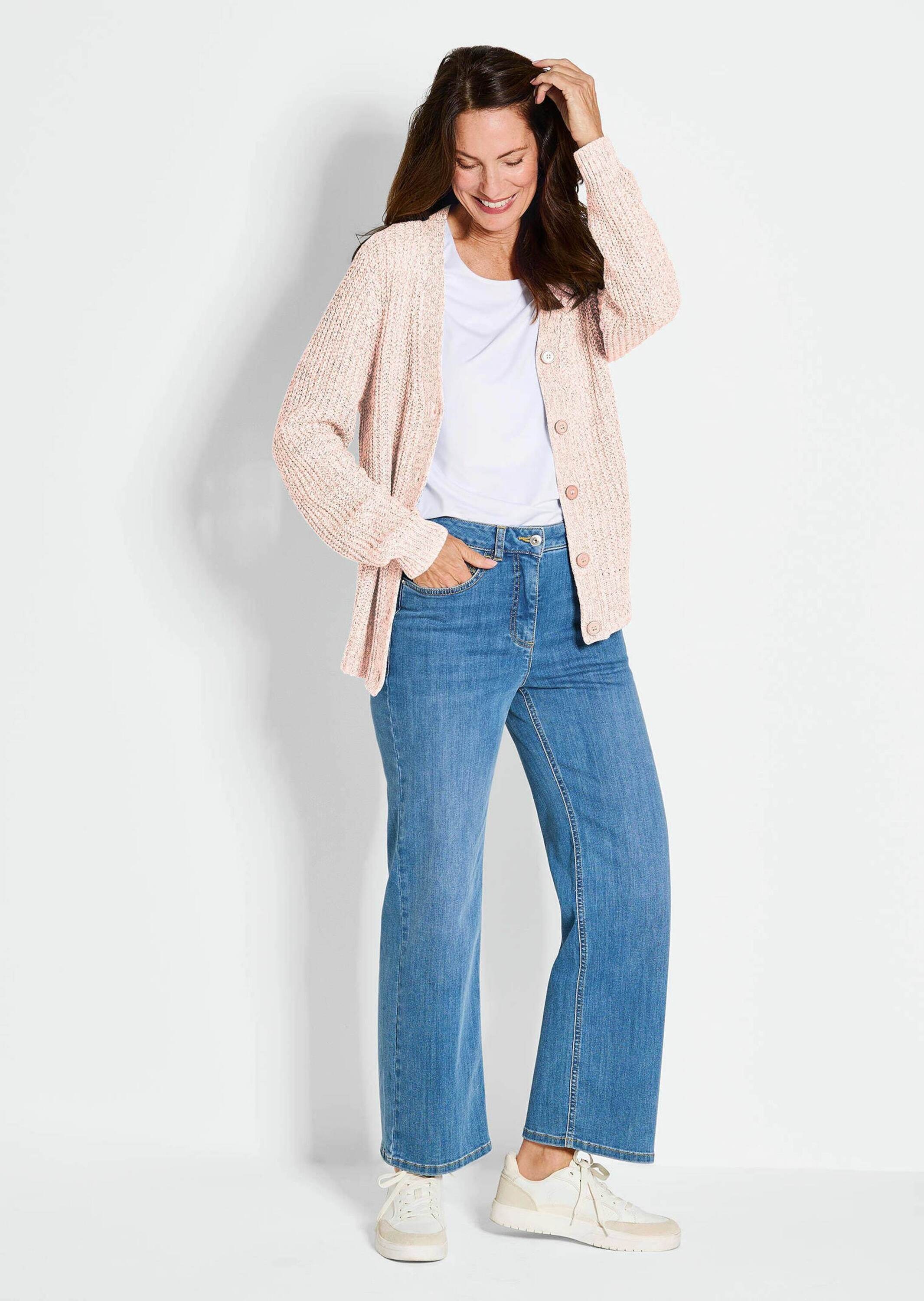 Strickjacke GOLDNER "Langarm Strickjacke mit V-Ausschnitt", Damen, Gr. 50, rosa (rosé, weiß, gemustert), Obermaterial: 54% Baumwolle CO. 27% Polyacryl PAN. 19% Polyester PES., Basic, gerade, Rippe, Strickjacken Strickjacke, Multicolor-Bändchengarn 3