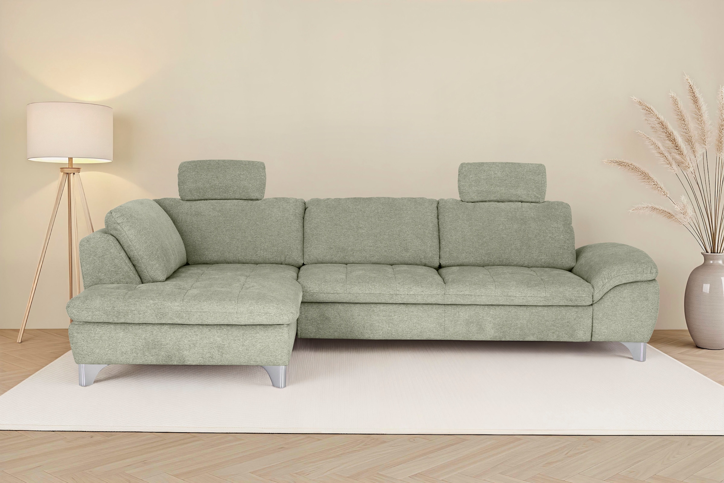 Die PlanBar Ecksofa "Ottomane MP-IN14007 L-Form, Breite 306 cm" wahlweise mit Schlaffunktion und verstellbaren Kopfstützen