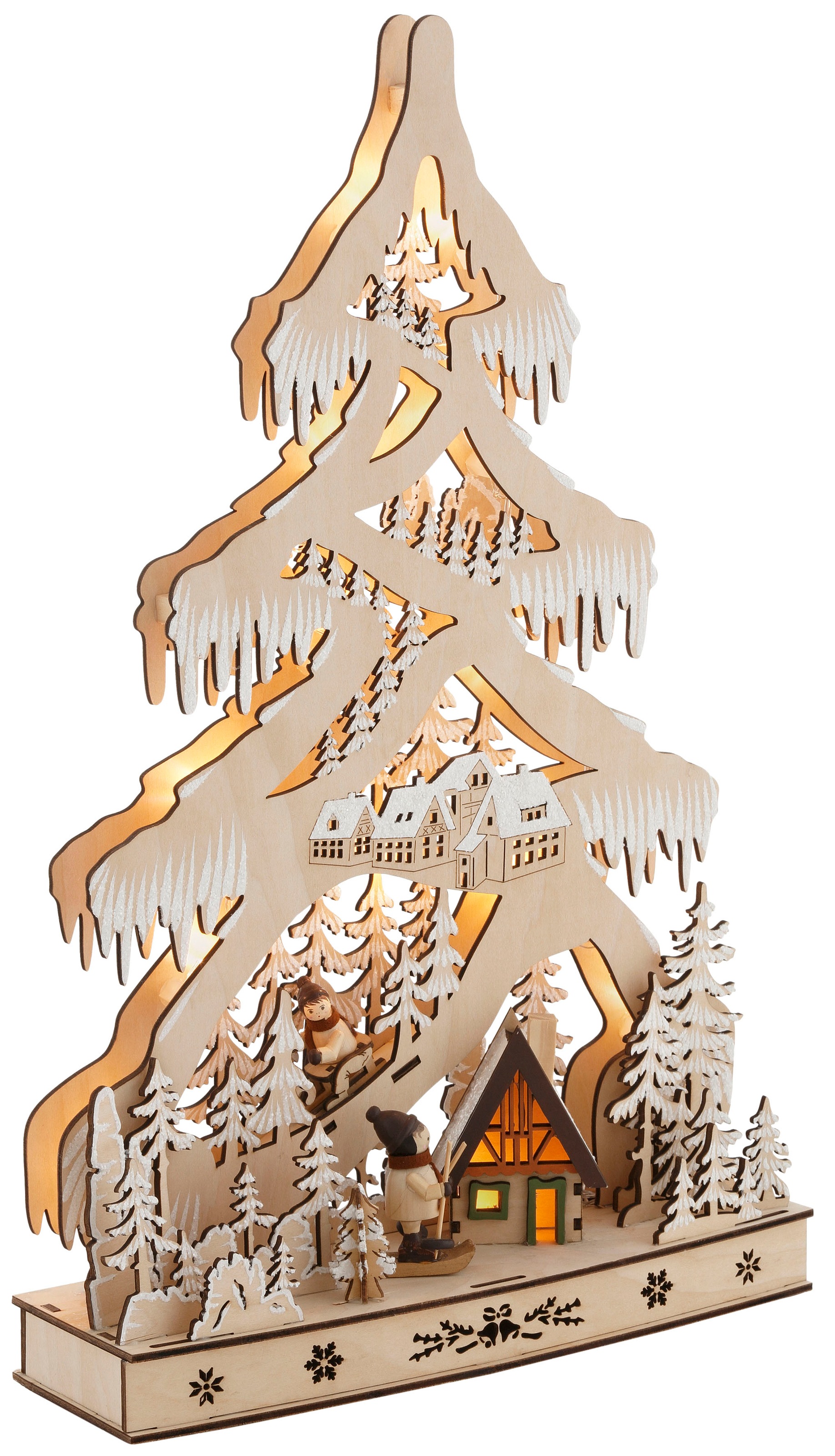 OTTO home Dekobaum »Weihnachtsdeko, Schneelandschaft, mit LED Beleuchtung«, mit Hütte und Skifahrern, Höhe ca. 48 cm
