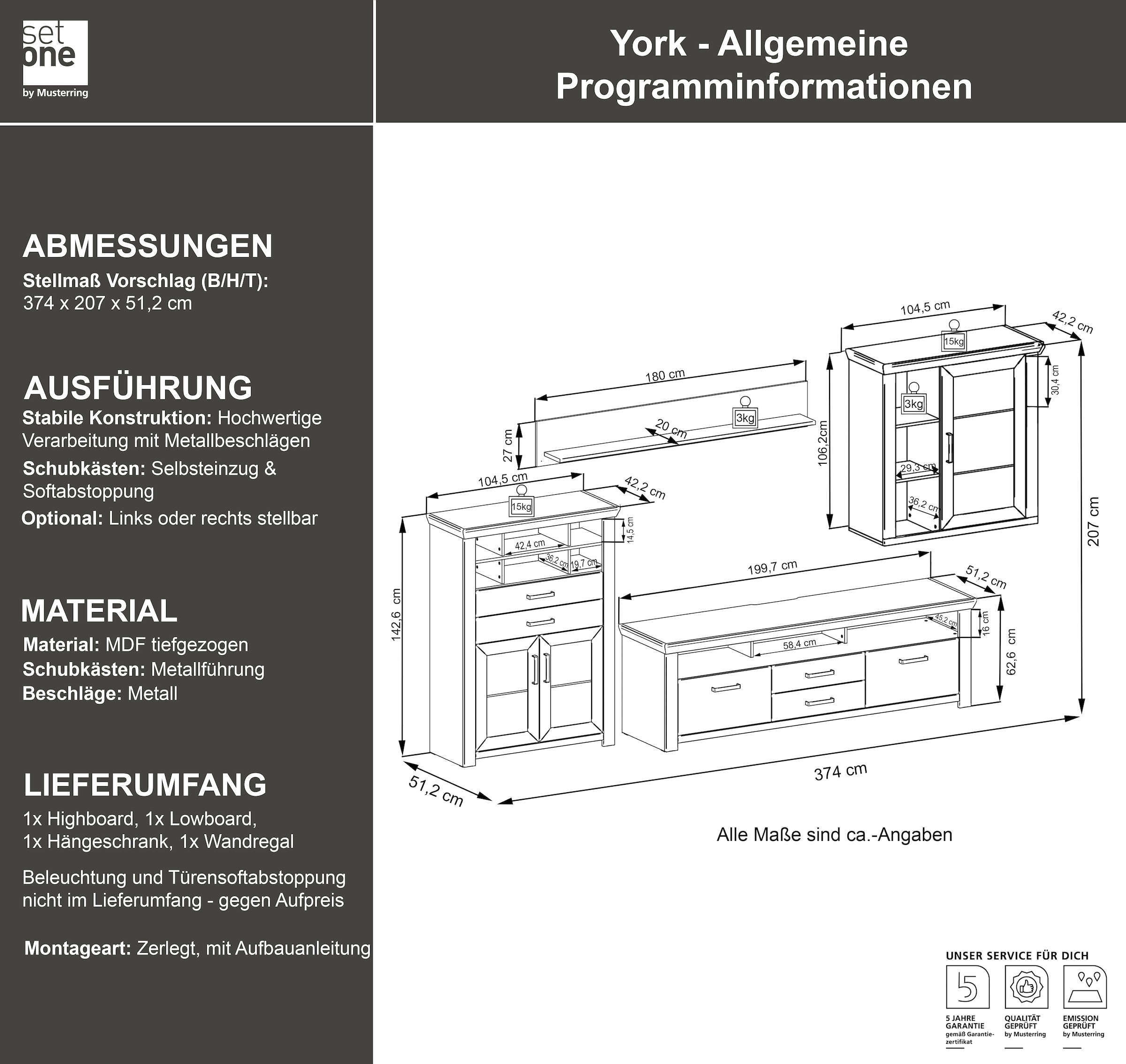 set one by Musterring Wohnwand »York«, (Set, 4 St.), Kombination 01, in 3 Farbvarianten, Gesamtbreite 374 cm