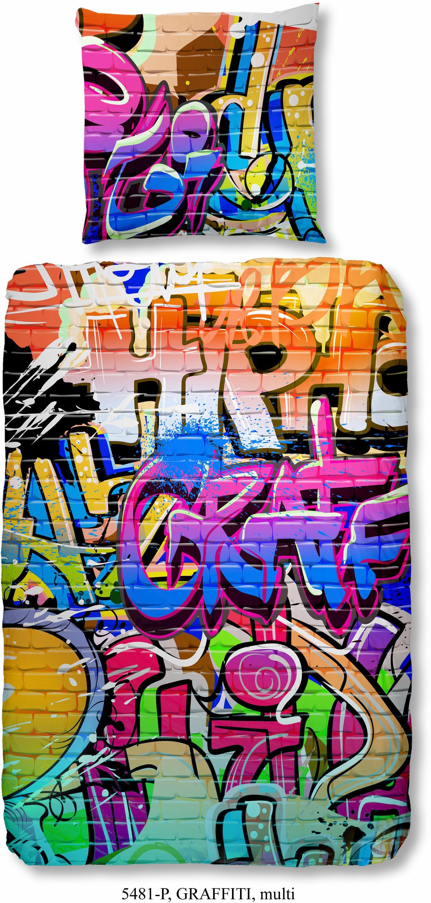 good morning Kinderbettwäsche »Graffiti«, Baumwolle, Renforcé, 135x200, Reißverschluss, Kind, Junge, Graffiti