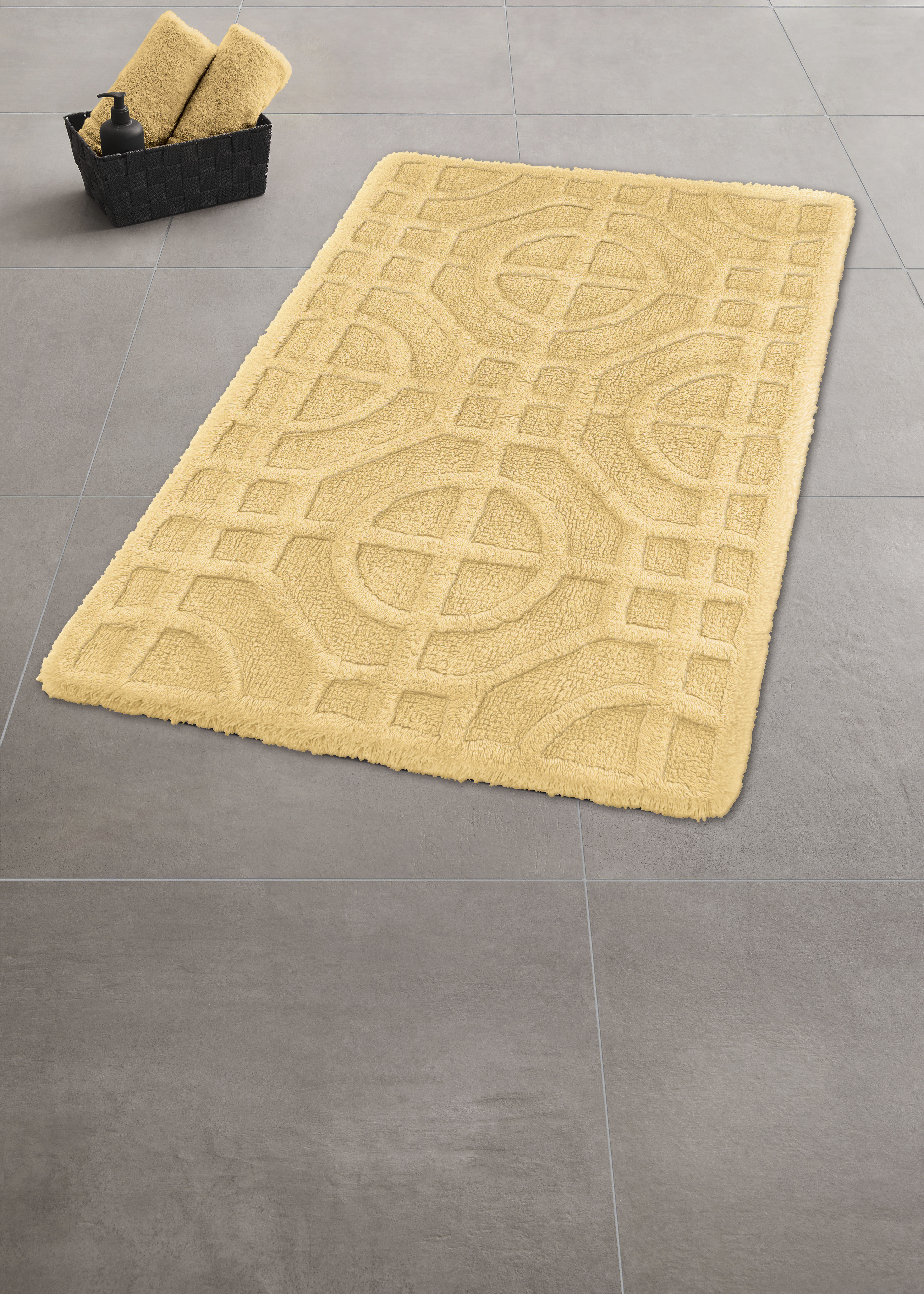 Kleine Wolke Badematte "Mosaic, Badvorleger, Badezimmer Teppich" Höhe 14 mm rutschhemmend beschichtet fußbodenheizungsgeeignet Badteppich, Uni Farben, Hoch/Tief Effekt, reine Baumwolle