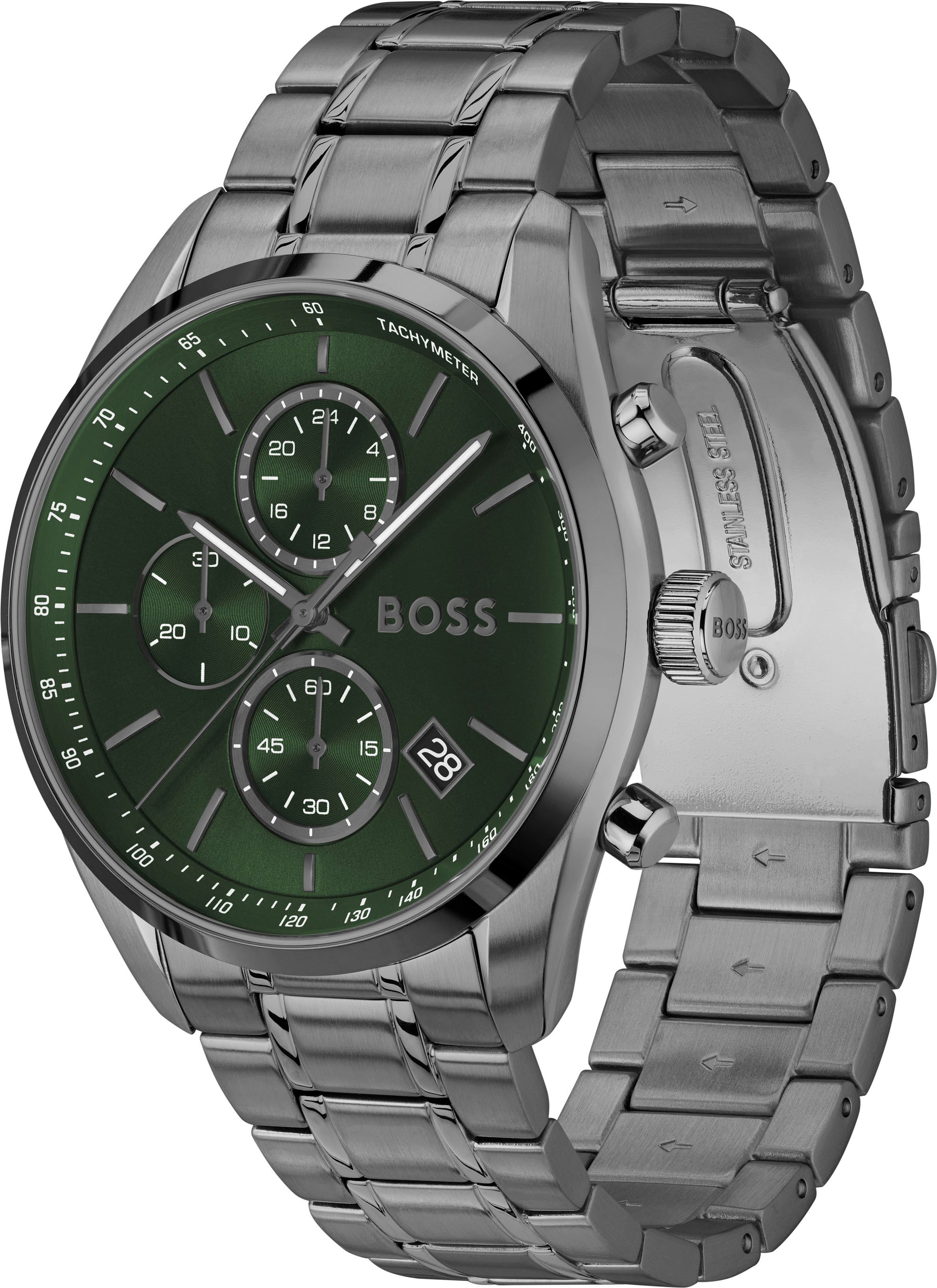 BOSS Quarzuhr »GRAND PRIX 44«, Quarzuhr, Armbanduhr, Herrenuhr, Edelstahlarmband, analog, Tag