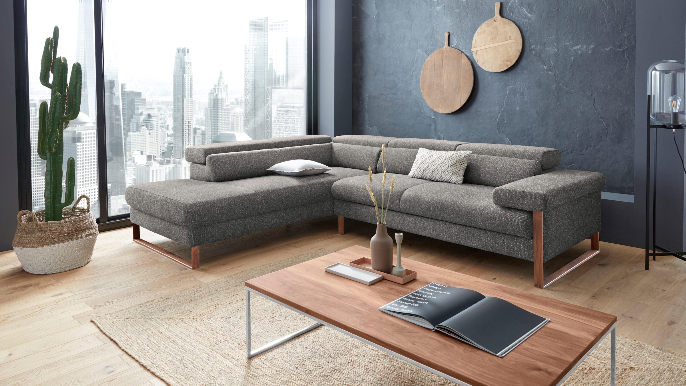 W.SCHILLIG Ecksofa "finn, Designsofa mit tollem Sitzkomfort, bequem, L-Form" German Design Award 2016, Fußgestell Nussbaum natur, Breite 281 cm