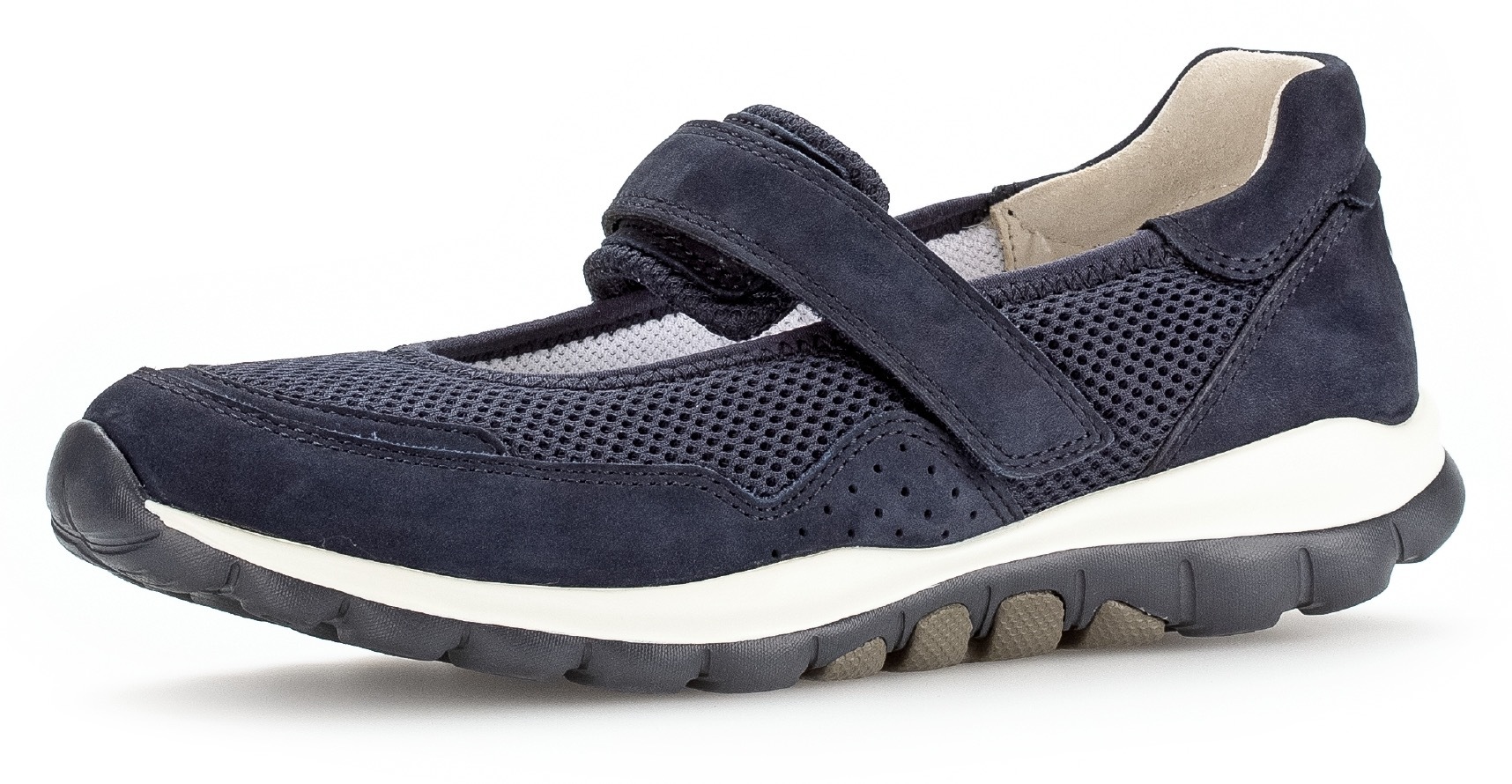 Damen Riemchenballerina, GABOR ROLLINGSOFT, Gr. 42, blau, Nubukleder, Textil, Schuhe, Klettschuh, Freizeitschuh, Komfortschuh mit Lochmuster