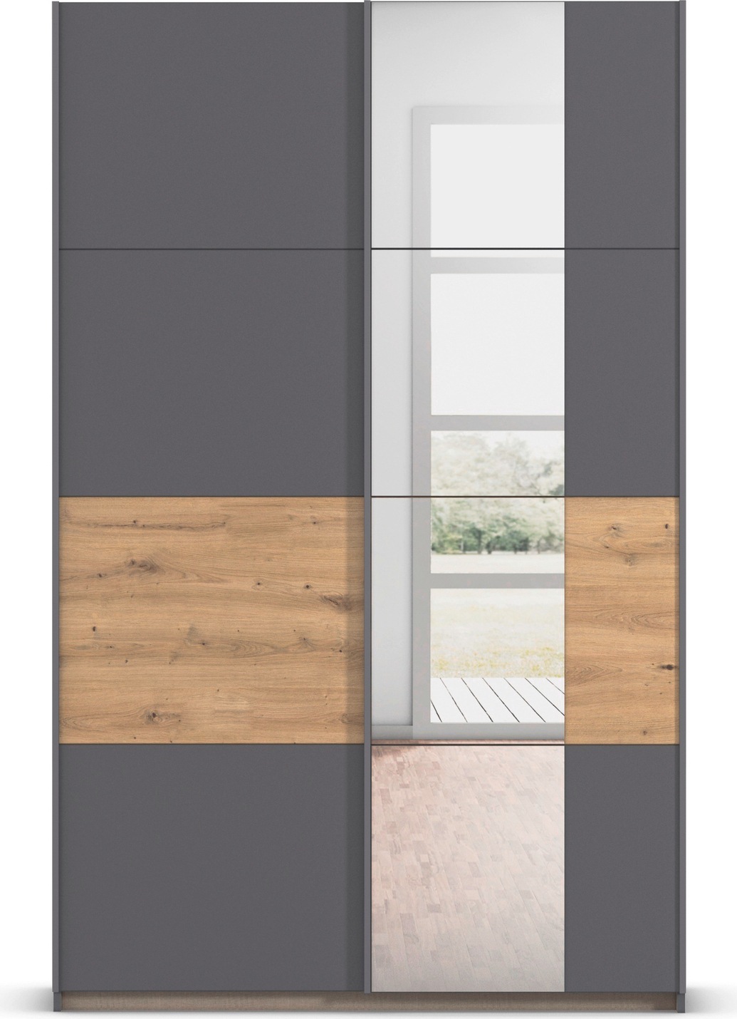 rauch Schwebetürenschrank »Kleiderschrank Schrank Garderobe Schlafzimmerschrank OXFORD«, (in 3 verschiedenen Ausstattungen BASIC/CLASSIC/PREMIUM), mit Griffleisten aus Metall, auch für kleinere Räume MADE IN GERMANY