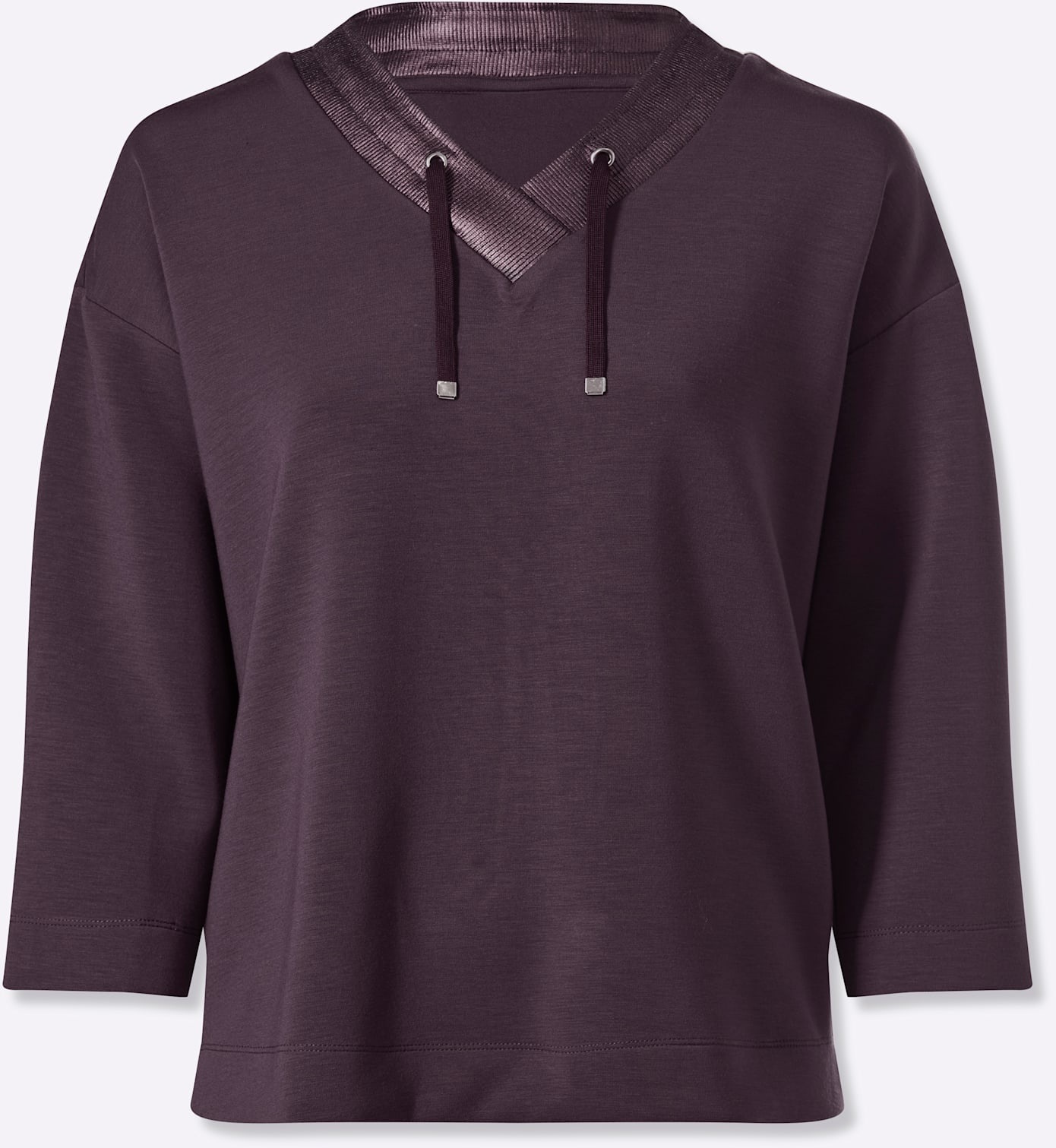 Sweatshirt HEINE, Damen, Gr. 50, aubergine, 50% Modal, 44% Polyester, 6% Elasthan, unifarben, V-Ausschnitt, Sweatshirts Sweatshirt 3