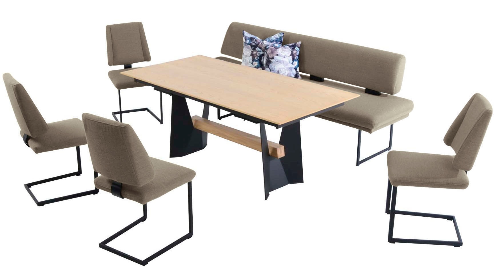 K+W Komfort & Wohnen Essgruppe "Longbeach" 6 Stk. tlg. Essgruppe in Spitzkissenoptik mit 4 Freischwingern, Gestell in Metall