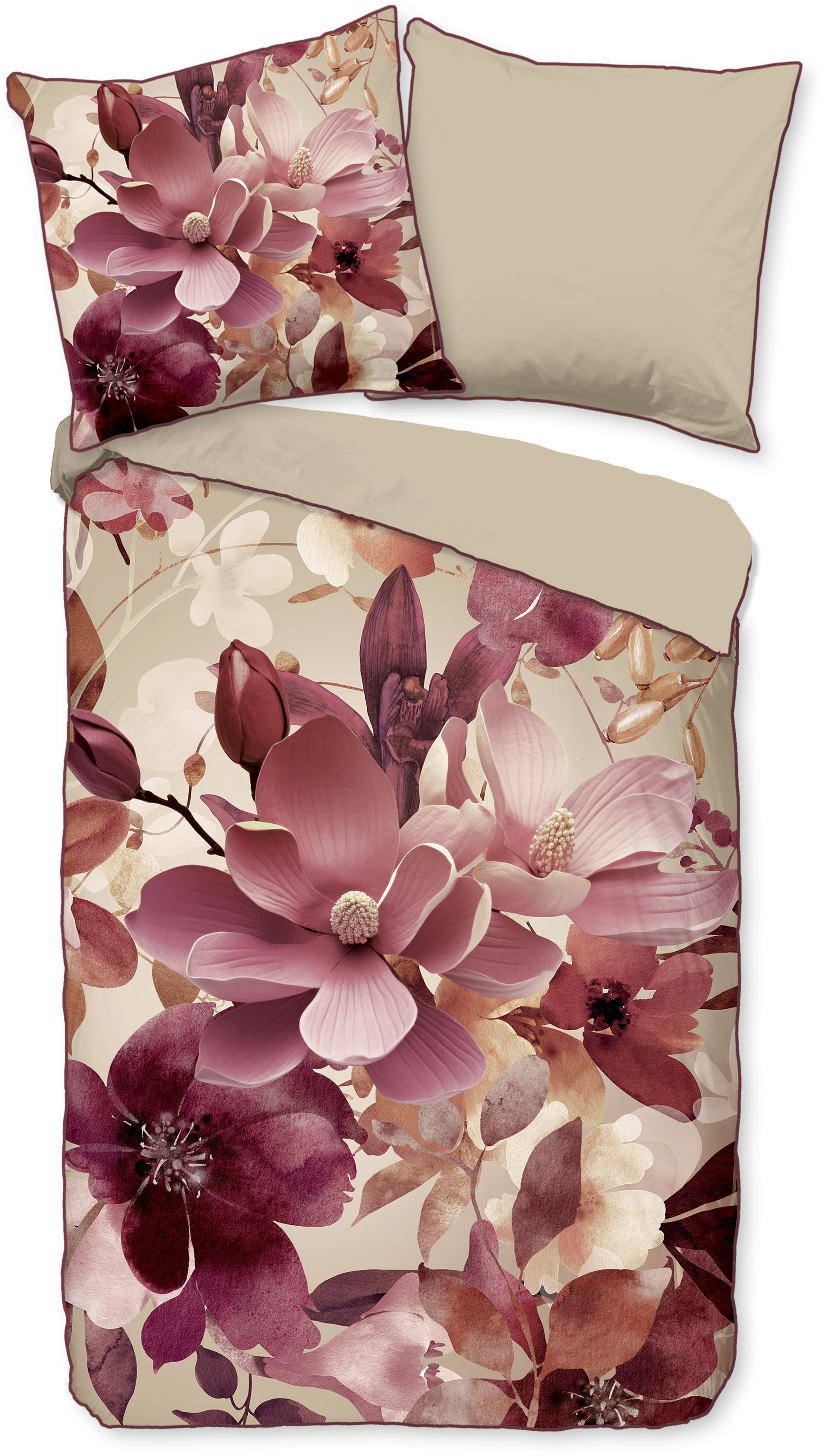Descanso Wendebettwäsche "Chaja" 2 Stk. Satin, Reißverschluss, Paspel, Biese, Wendeoptik, Blumen, Bordeaux