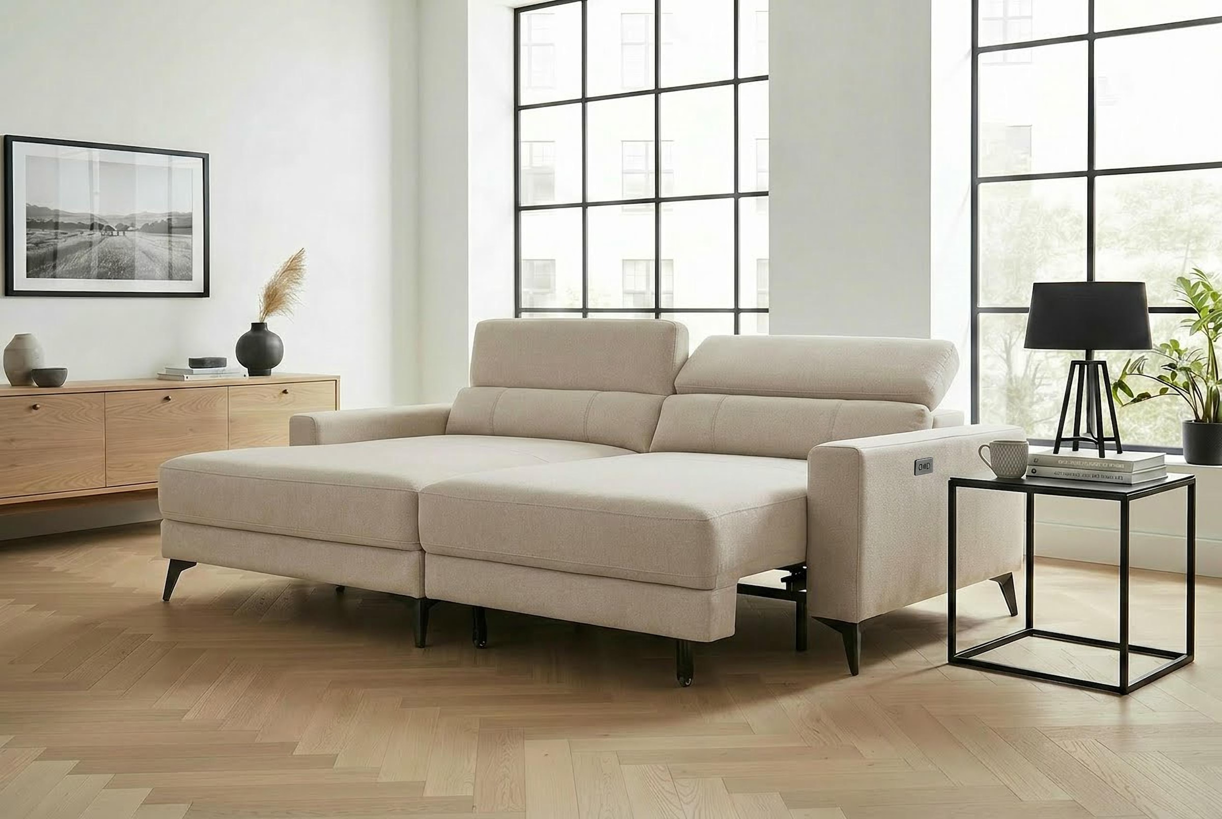 OTTO home Ecksofa "LEWII, Schlafsofa elektrisch mit Sitztiefenverstellung, L-Form, 225 cm" mit USB A/C-Anschluss. Federkern, verstellbaren Kopfstützen, Webstoff