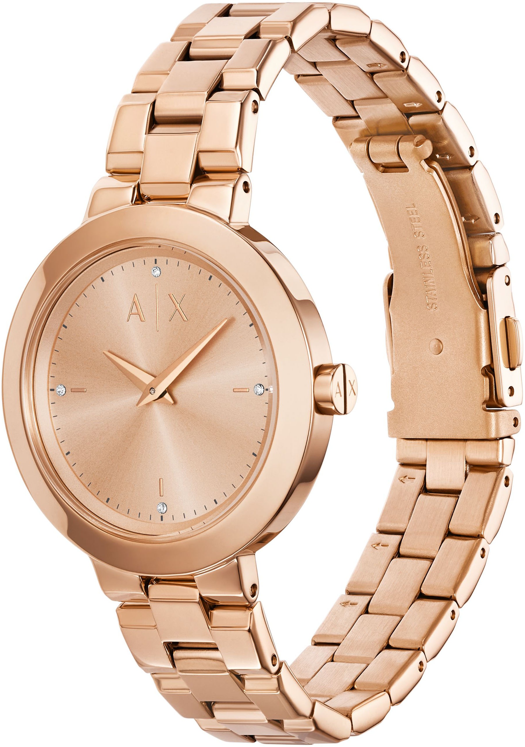 ARMANI EXCHANGE Quarzuhr, Armbanduhr, Damenuhr, Edelstahlarmband, analog, Glassteine