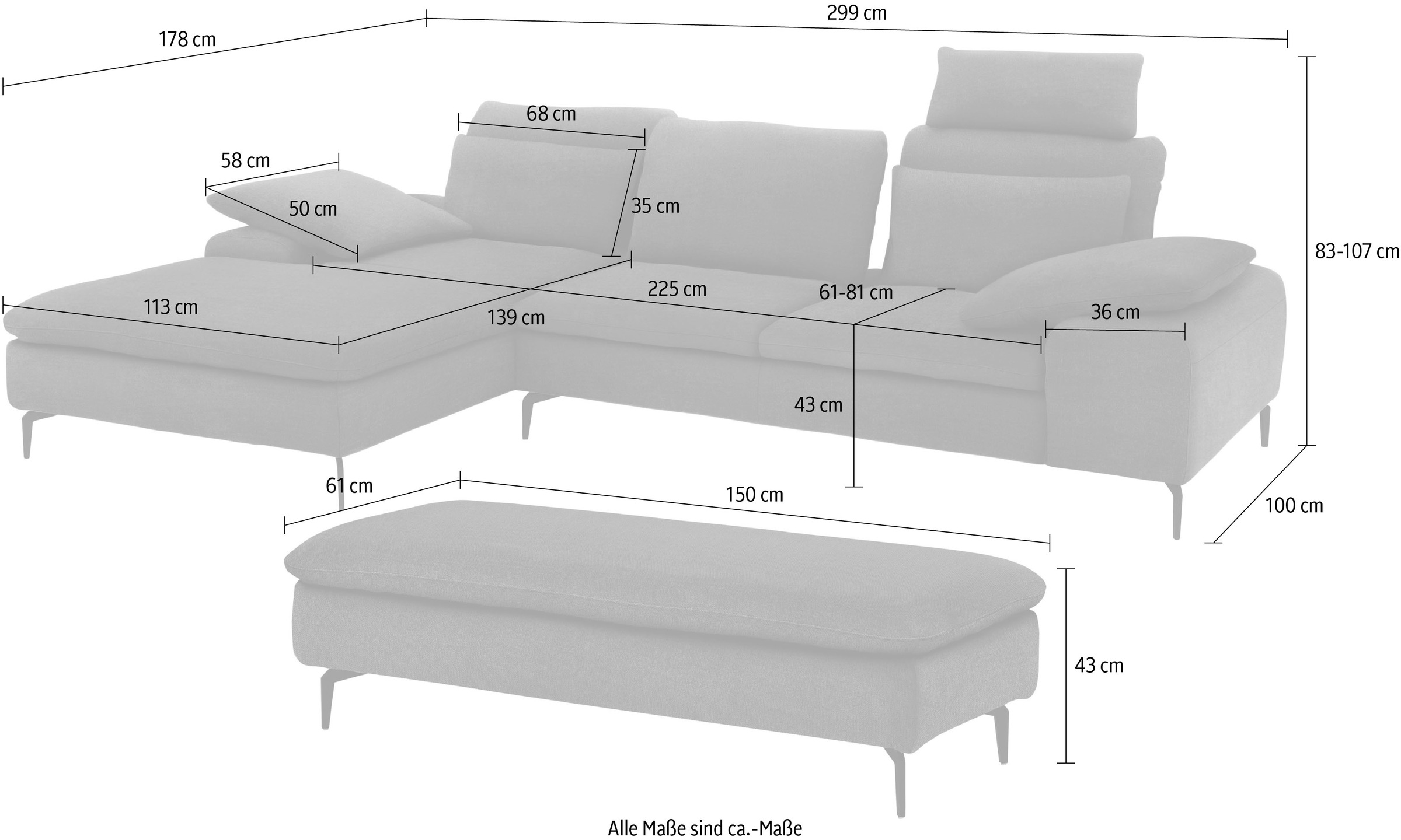 W.SCHILLIG Ecksofa »valentinoo, Designsofa, bequem, elegant und zeitlos, L-Form«, (Set), inklusive Hocker, mit Sitztiefenverstellung, Breite 299 cm