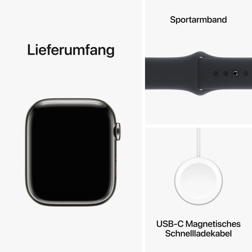 Apple Smartwatch »Watch Series 9 GPS + Cellular Stainless Steel 45mm M/L«, (Watch OS 10 Sport Band)