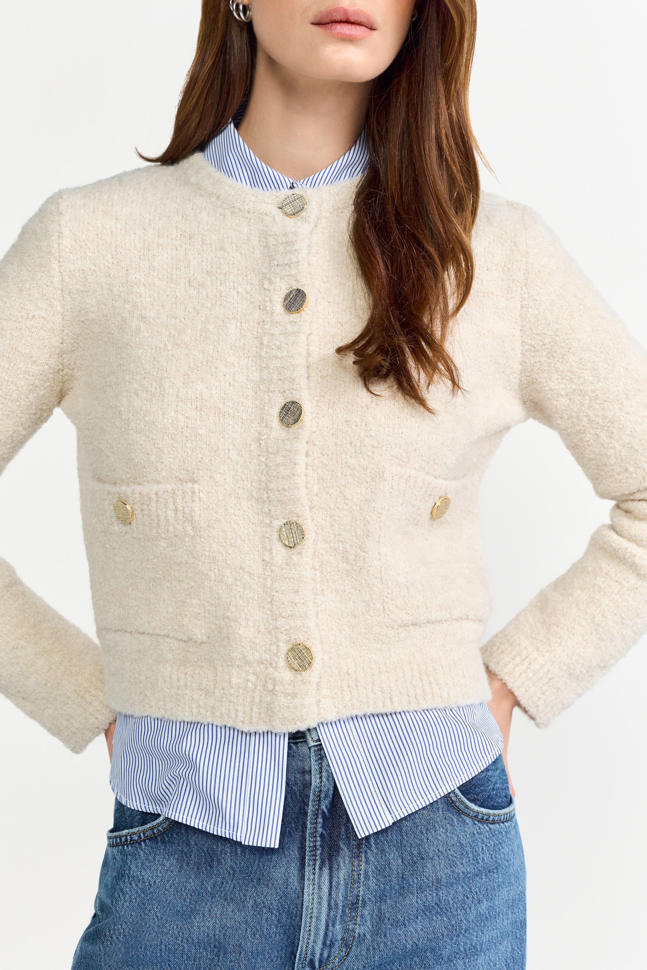 RICHROYAL Cardigan, Boucle, gerader Form, Schmuckknöpfe, Rundhals günstig online kaufen
