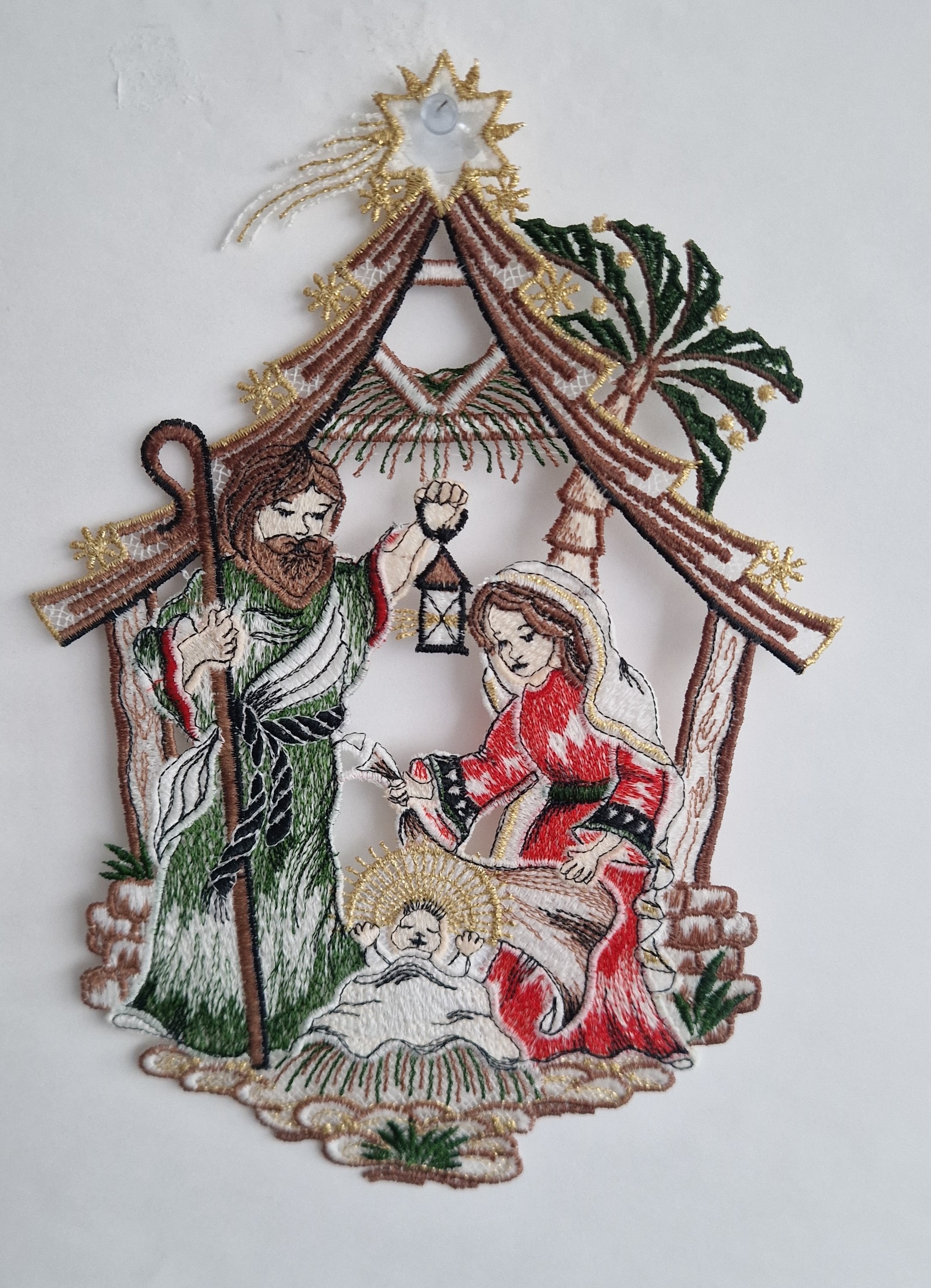 Stickereien Plauen "Fensterbild Geburt Jesu" echte Plauener Stickerei