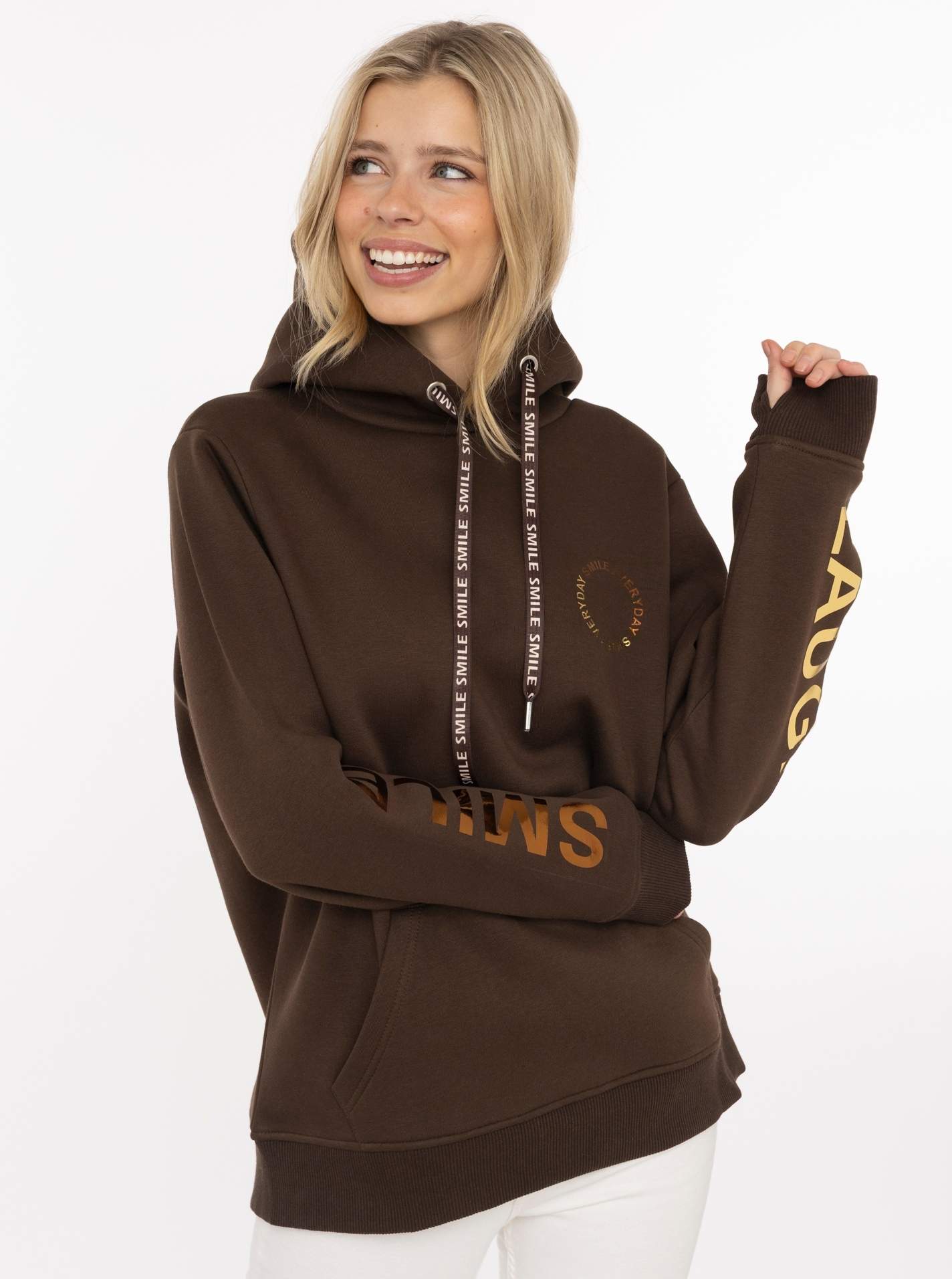 Zwillingsherz Hoodie ""SMILE & LAUGH"", Print am Arm und Brust, Kapuze mit bedruckter Kordel, Kängurutasche