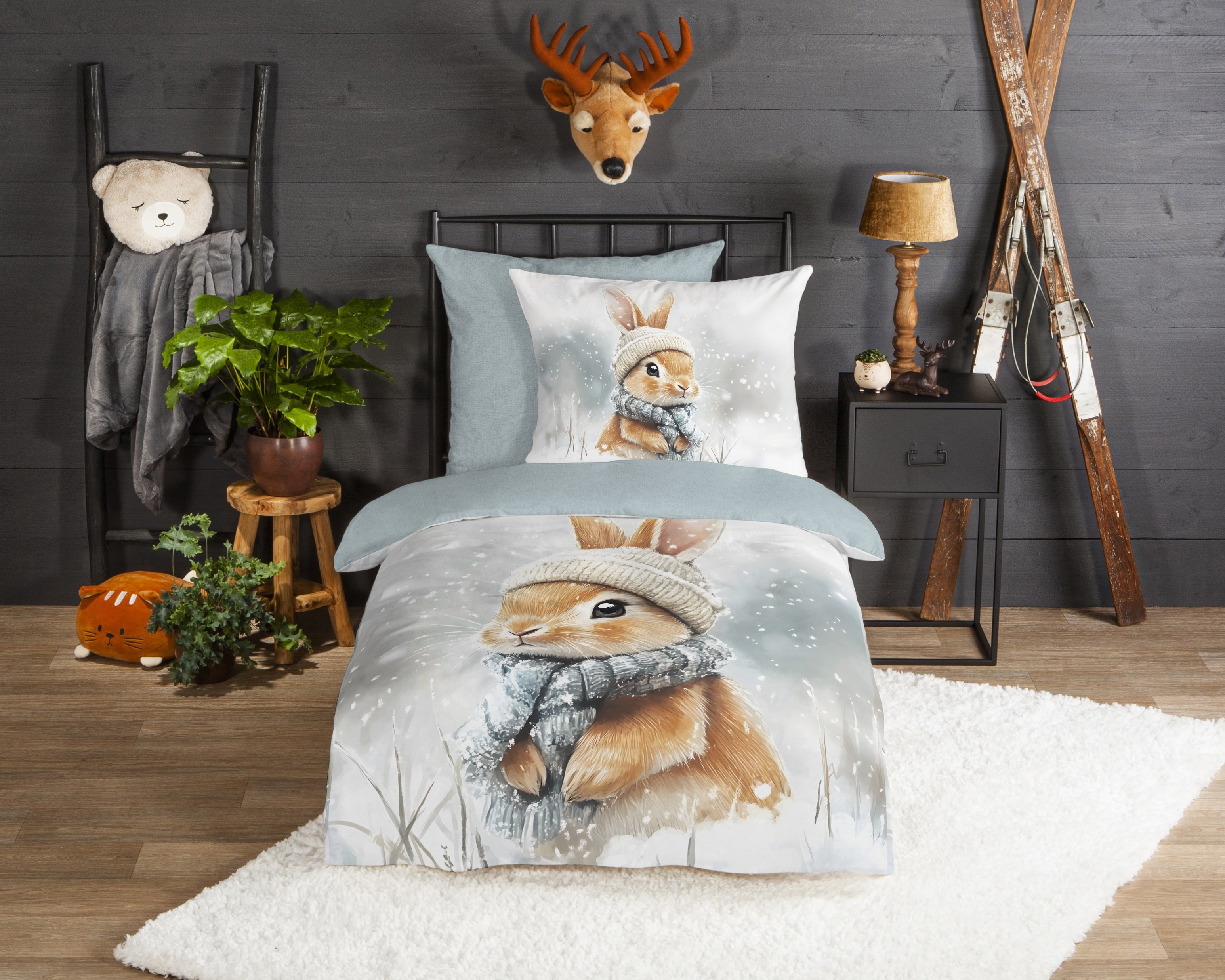 good morning Kinderbettwäsche "Idun" 2 Stk. Flanell Biber, 135x200, Warm, Reißverschluss, Wende, Kind, Hase