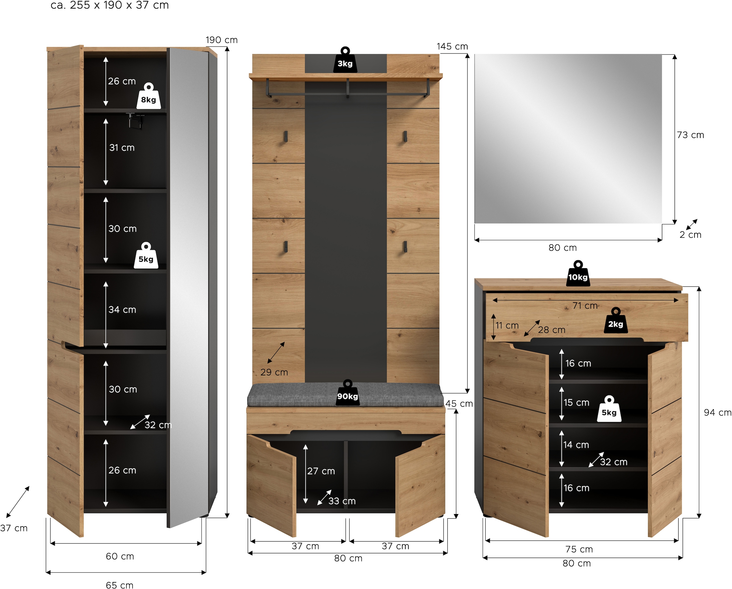 INOSIGN Garderoben-Set »REHAT, TOPSELLER!, 5-teilig, Breite 255 cm, individuell erweiterbar« Set, bestehend aus: Schrank, Sitzbank, Sitzkissen, Paneel, Spiegel, Kommode, 6 Stk. tlg.
