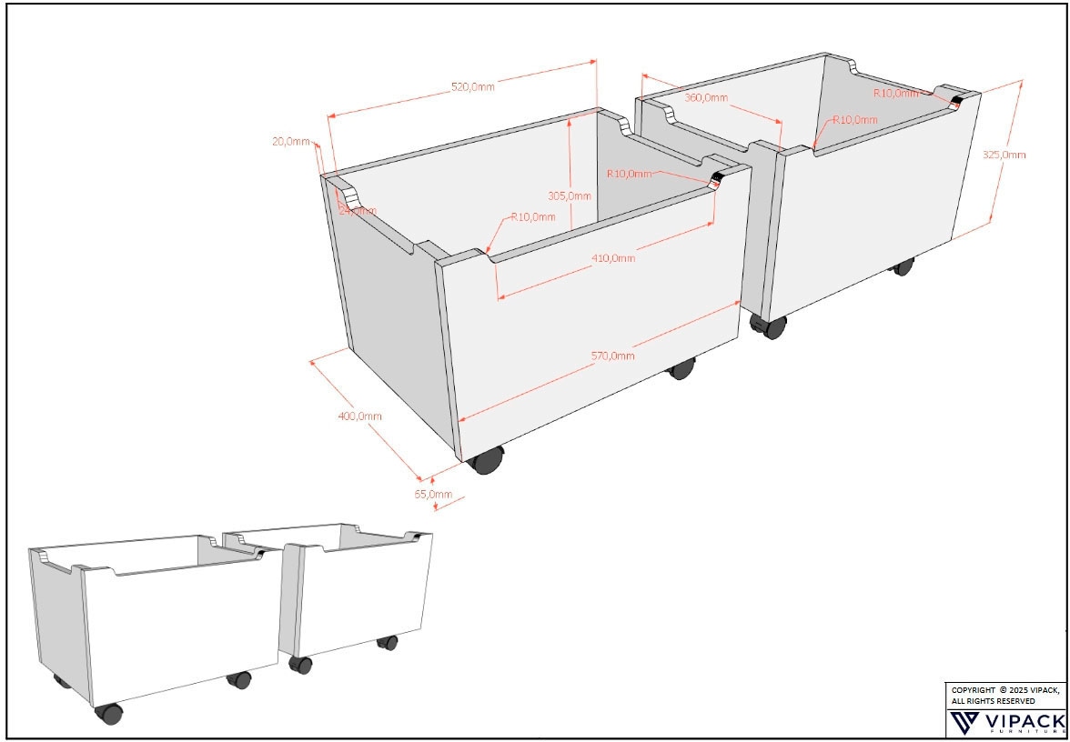 Vipack Container »auf Rollen (2-er Set), aus hochwertigem Massivholz, 2 Ausführungen« das Innenmaß von ca.: B: 52xH: 30,5xT: 36cm bietet viel Stauraum,  universell und durch die Rollen flexibel in Räumen einsetzbar