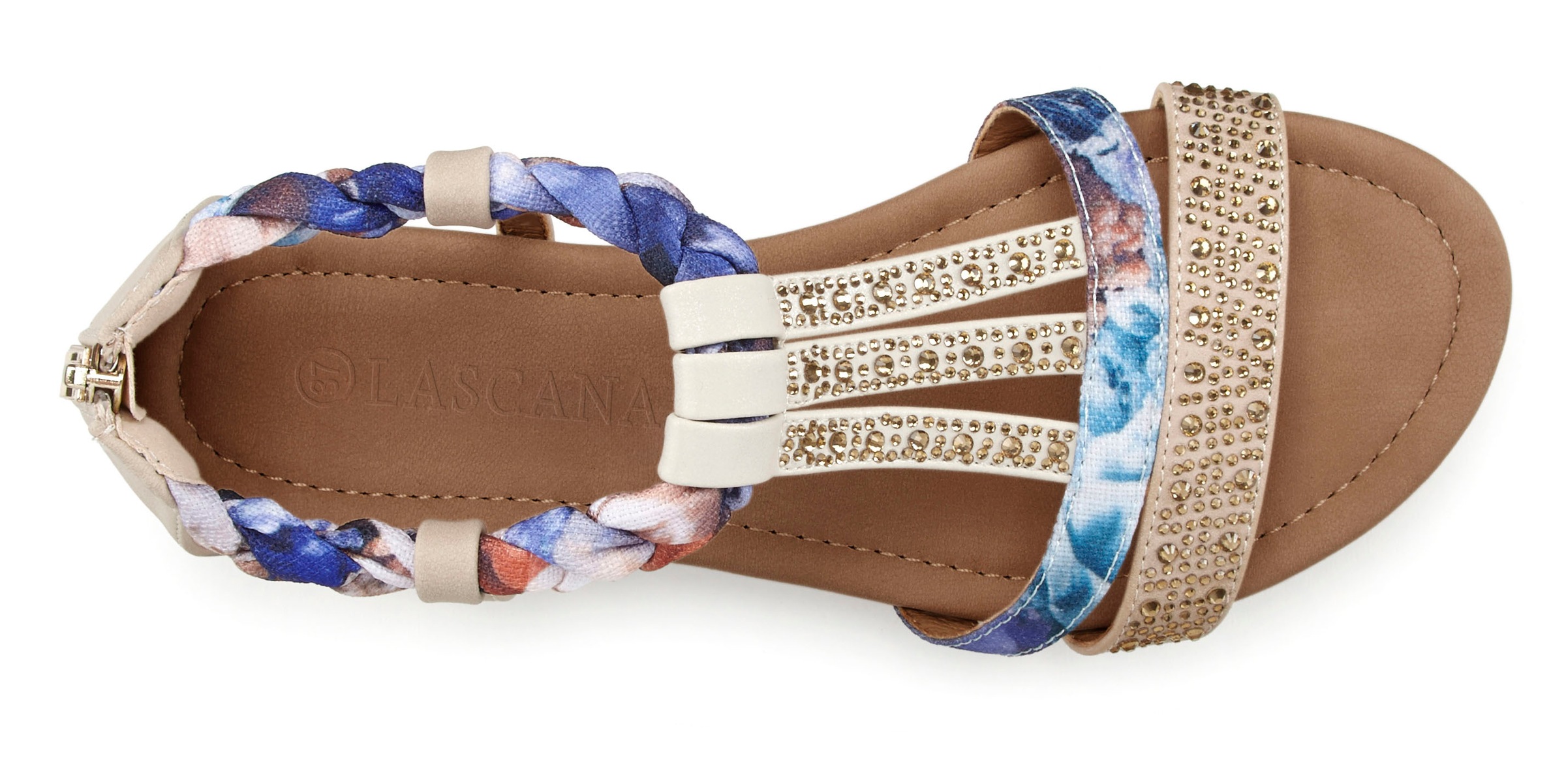 Sandale LASCANA "Sommerschuh, Sandalette, offener Schuh", Damen, Gr. 37, blau (beige, blau), Obermaterial: 50% Lederimitat, 50% Textilmaterial. Decksohle: 100% Lederimitat. Futter: 100% Lederimitat. Laufsohle: 100% Synthetik, bedruckt, Basic, Schuhe Sanda 2