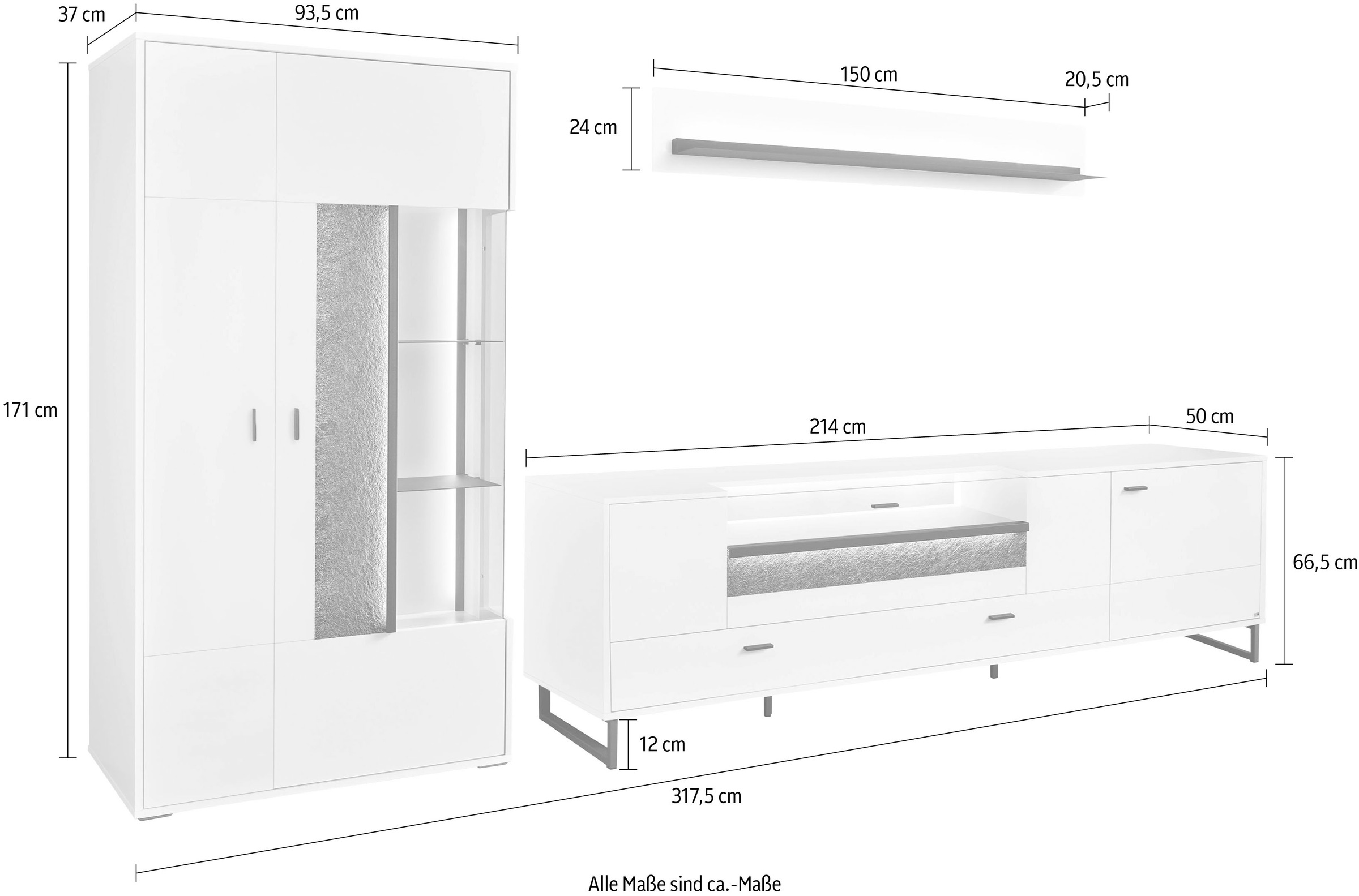 set one by Musterring TV-Wand »Deltona«, (3 St.), Zierelemente aus Sandstein, inkl. Beleuchtung, Gesamtbreite ca. 317 cm