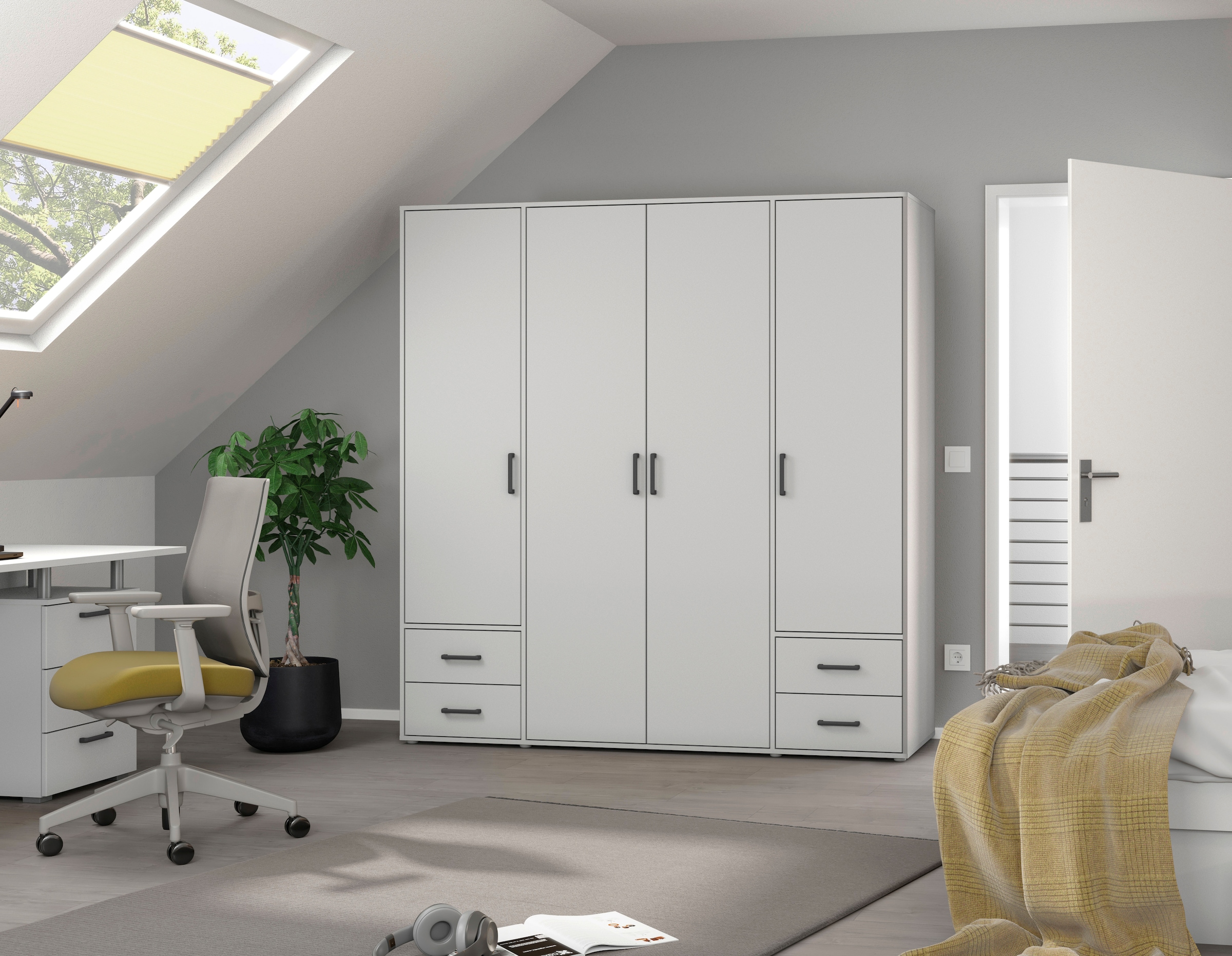 rauch Drehtürenschrank »Kleiderschrank Schrank Garderobe Wäscheschrank VOYAGER«, (in 3 verschiedenen Ausstattungen BASIC/CLASSIC/PREMIUM), moderne Griffe in Graumetallic mit Außenschubkästen MADE IN GERMANY