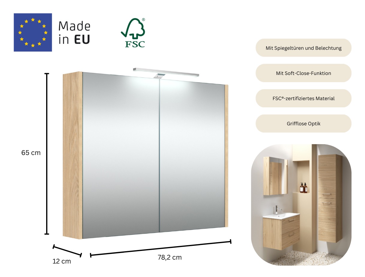 welltime Spiegelschrank »Scandic«, verspiegelt, mit Soft-Close-Funktion, verschiedene Breiten, FSC®