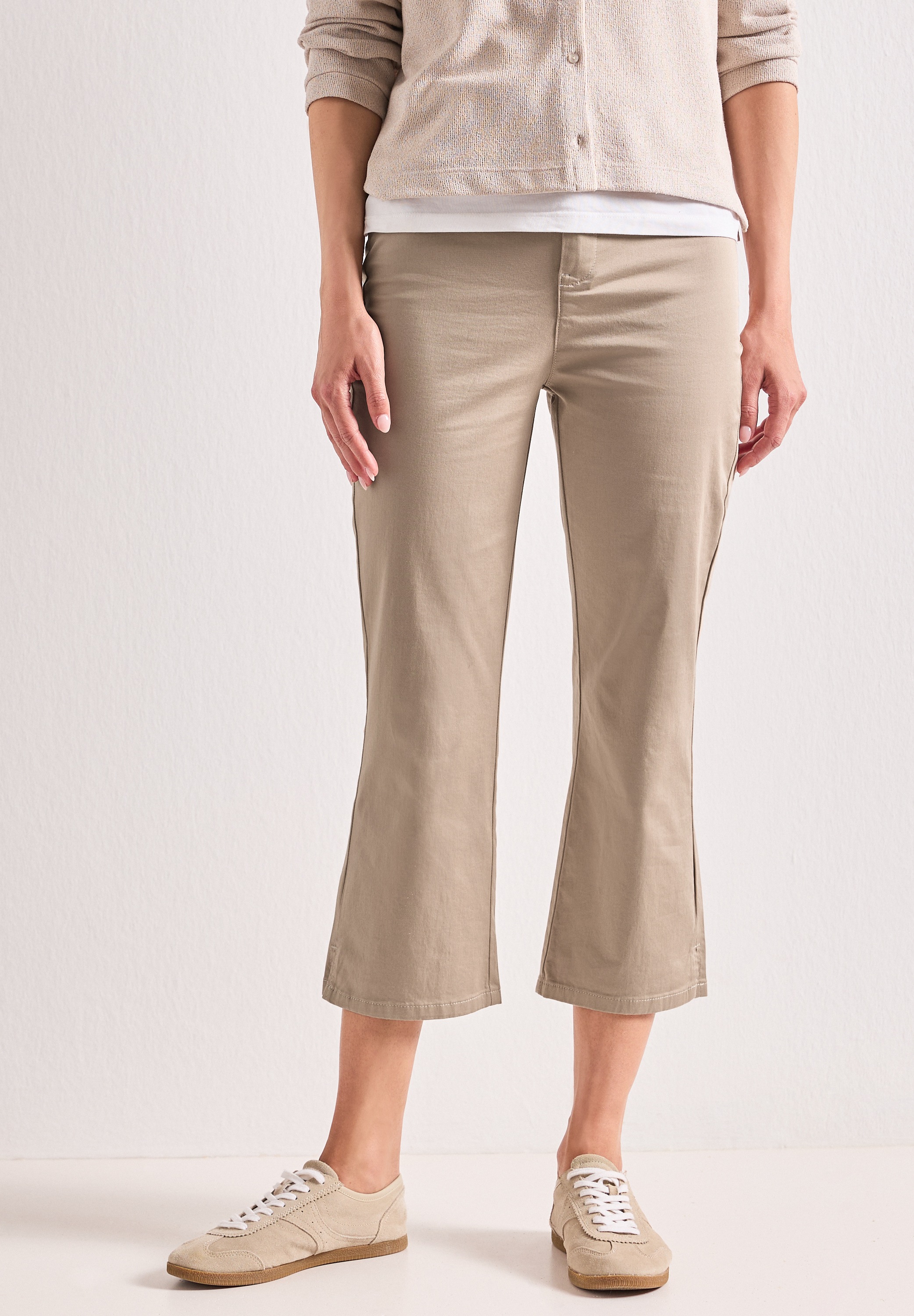STREET ONE Damen 3/4-Hose, beige, Gr. 38, unifarben, Web, 97% Baumwolle, 3% Elasthan, Hosen, High Waist