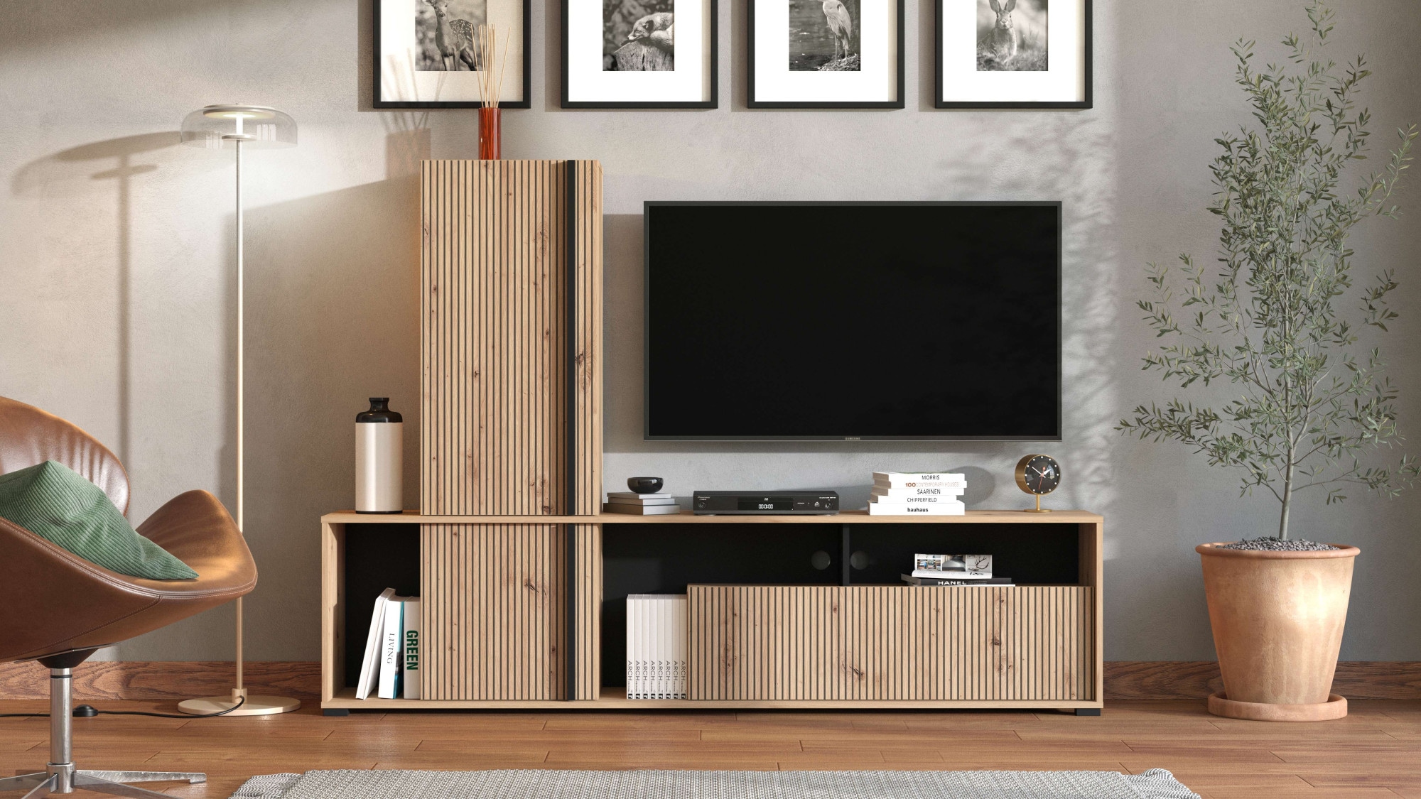 INOSIGN Wohnwand »Chania, 195 cm, inkl. TV Board und Highboard«, (Komplett-Set, 2 St.), Trendfarben, mit dekorativen schwarzen Streifen, in Artisan Eiche