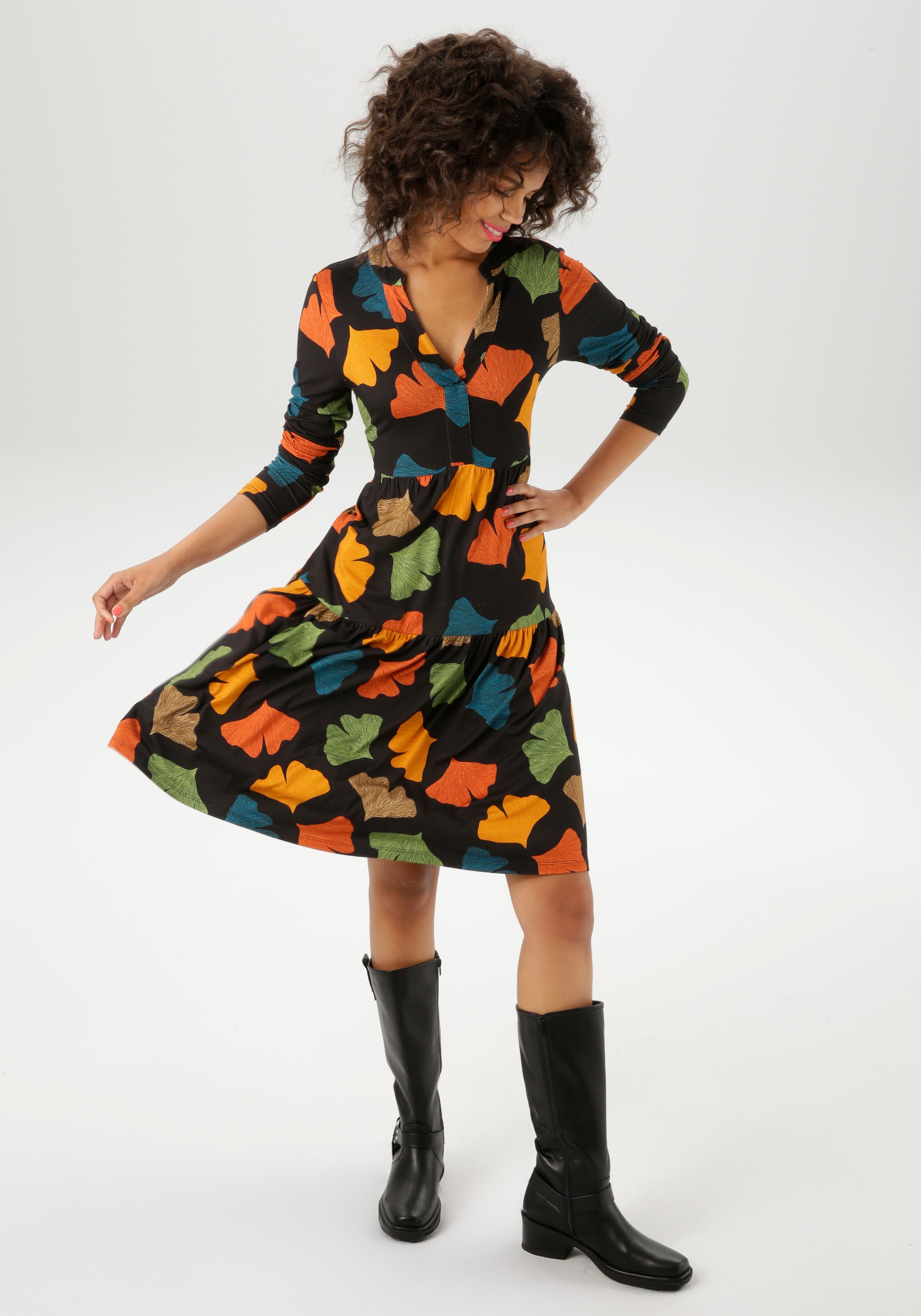 Aniston CASUAL Jerseykleid mit bunten Blättern bedruckt - jedes Teil ein Un günstig online kaufen