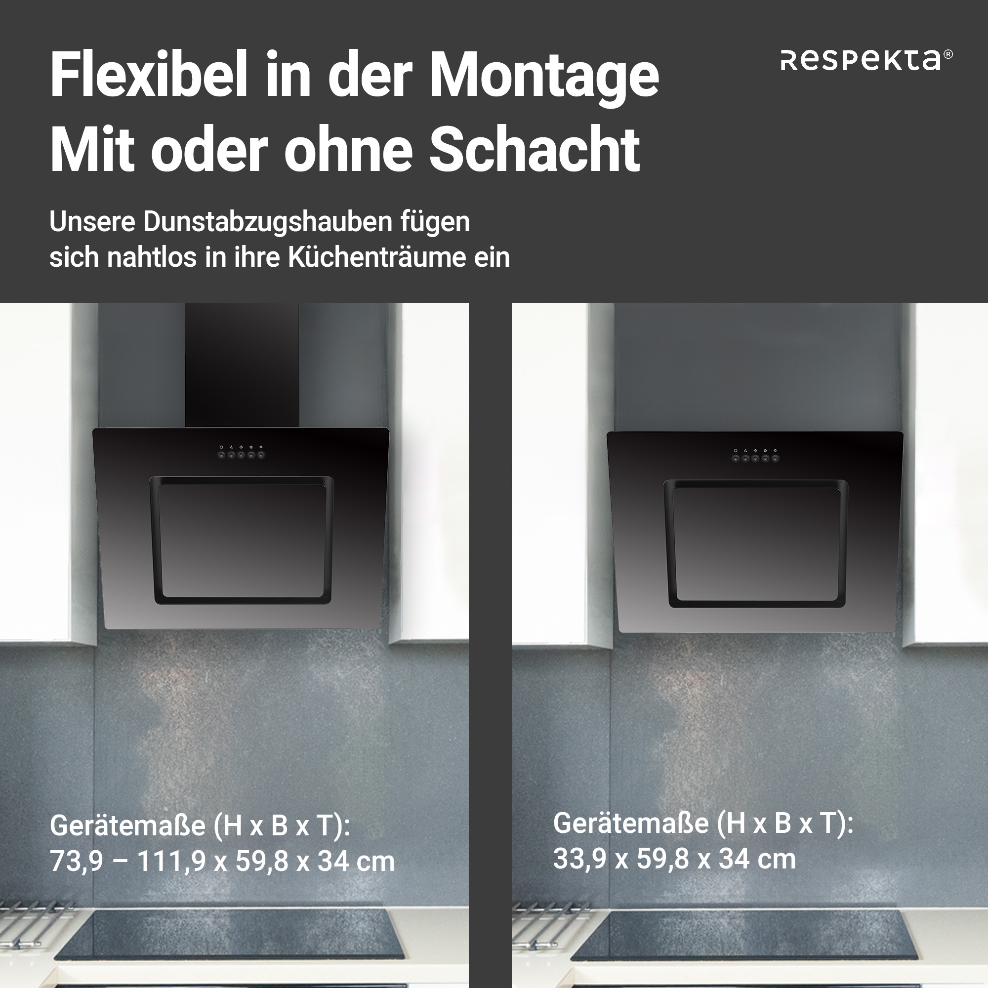 RESPEKTA Kopffreihaube »CH22010«, 60 cm, 3 Leistungsstufen, LED-Beleuchtung, Ab- und Umluftfähig