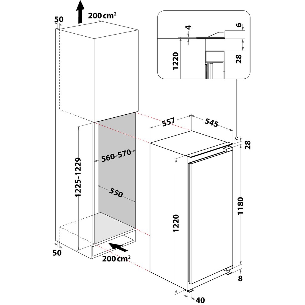 BAUKNECHT Einbaukühlschrank »KSI 12VF2«, KSI 12VF2, 122 cm hoch, 55,7 cm breit