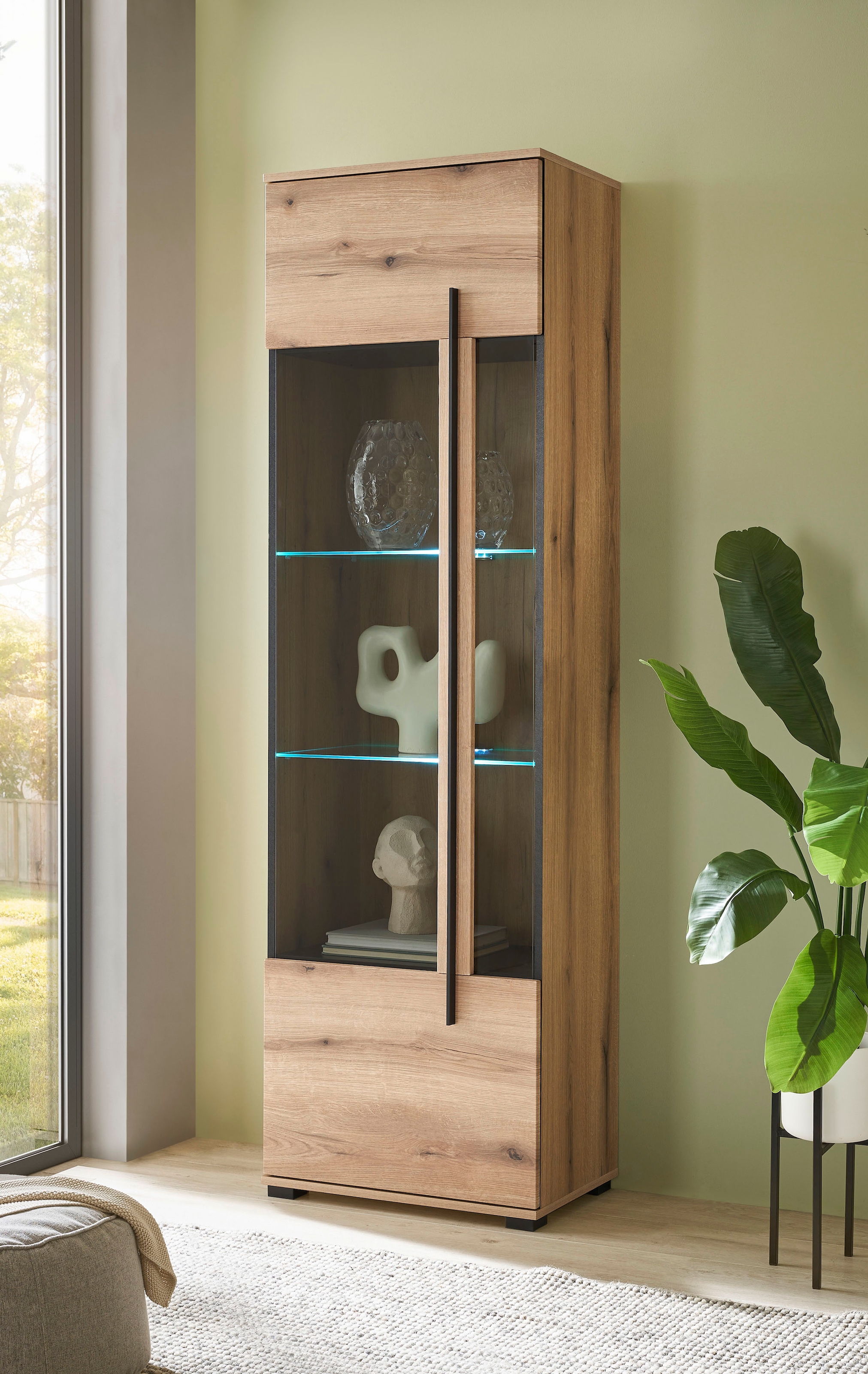 INOSIGN Vitrine »Cantara, Vitrinenschrank in Eiche Evoke oder weiß, Standvitrine«, schwarzer Stangengriff, ausreichend Stauraum, vielseitig einsetzbar