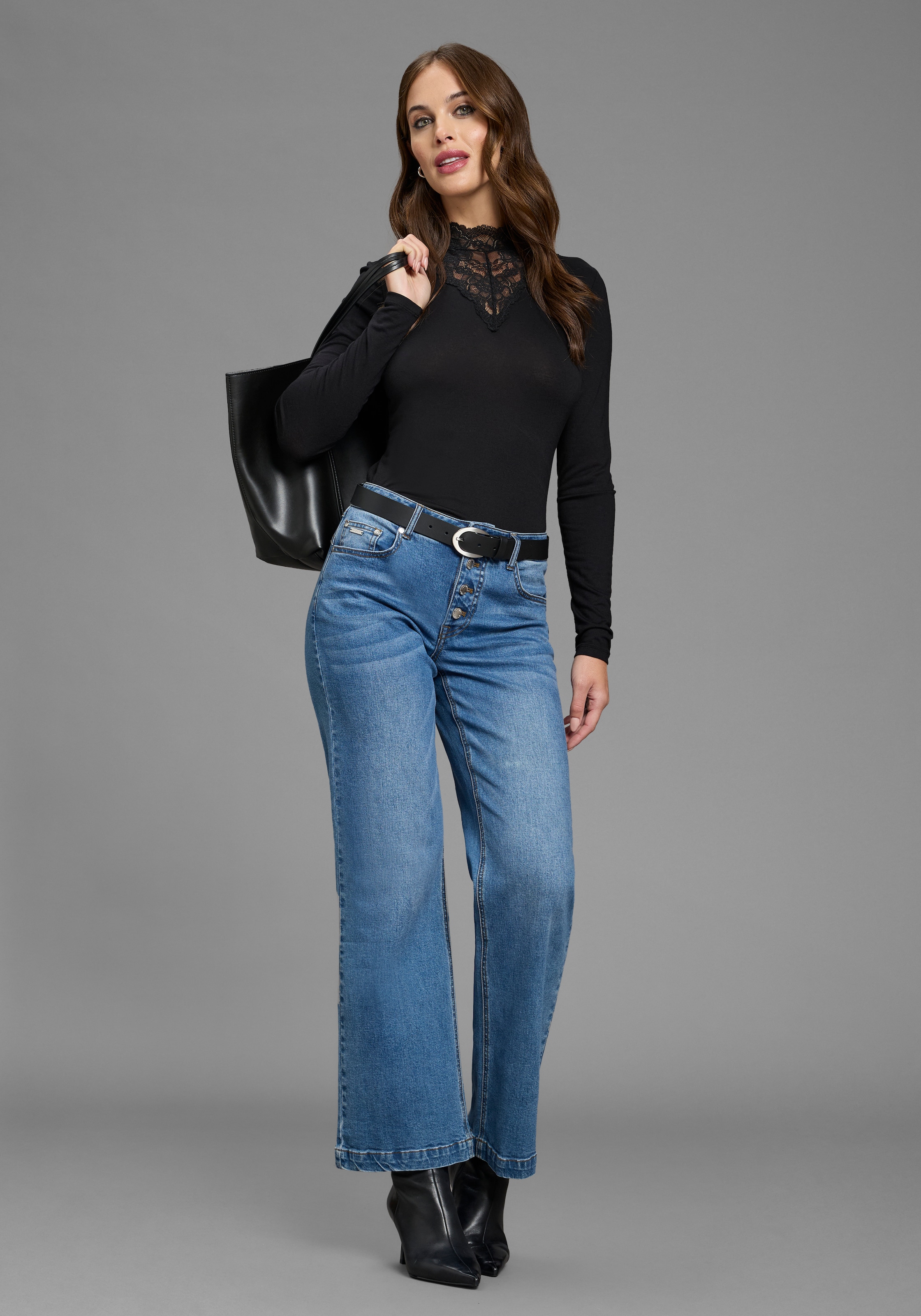 Laura Scott Langarmshirt figurbetonte Passform,  Langarm,  mit Stehkragen