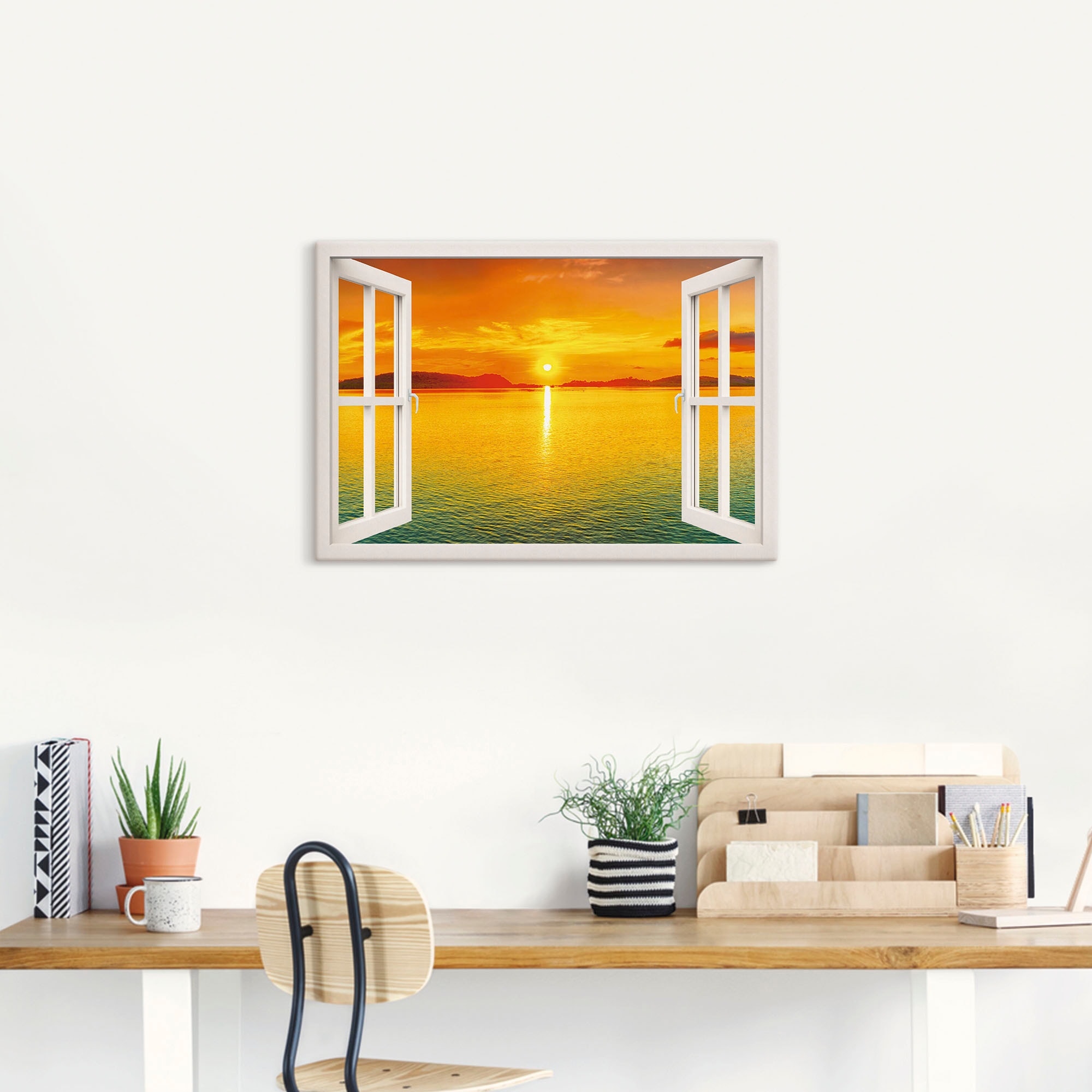Artland Wandbild »Fensterblick - Sonnenuntergangspanorama«, Fensterblick, (1 St.), als Leinwandbild, Wandaufkleber in verschied. Größen