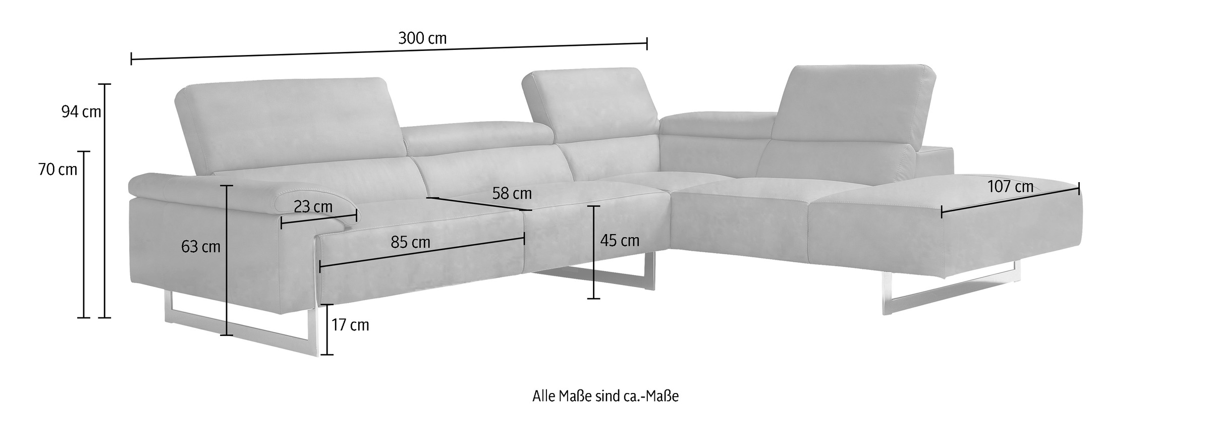 Egoitaliano Ecksofa »Malika«, mit Ottomane, inkl. Kopfteilverstellung und chromfarbenen Metallfüßen