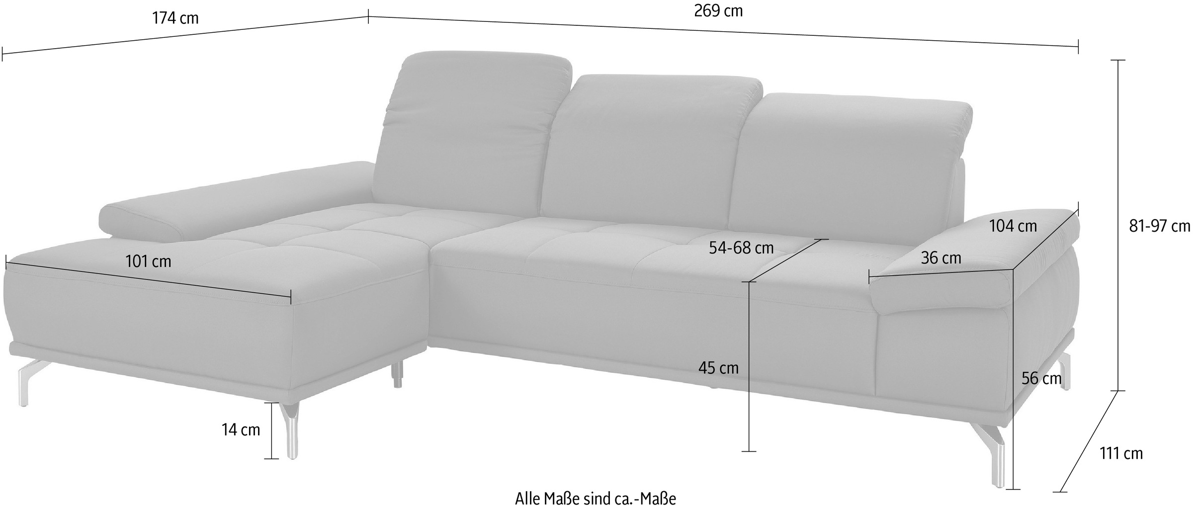 PLACES OF STYLE Ecksofa »Caluna« Inkl.Sitztiefenverstellung, wahlweise mit Kopf- und Armteilverstellung