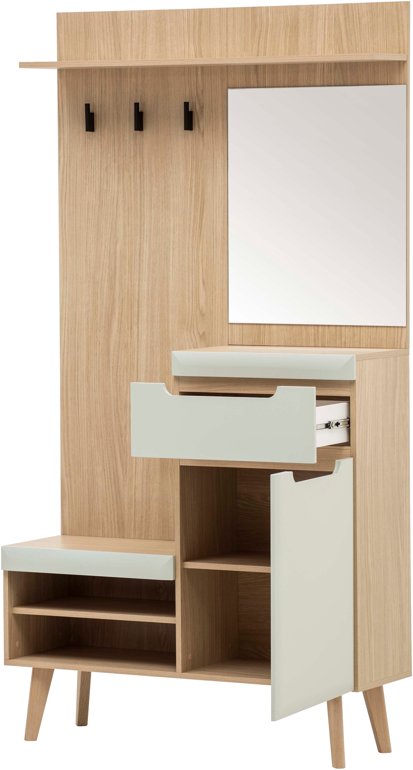 Home affaire Garderoben-Set »Torge, Garderobe mit Stauraum, Garderobenschrank im Scandic Design«, (Set, 3 St.), enthält Sideboard, Garderobe mit Spiegel und Wandboard, in zwei Farben