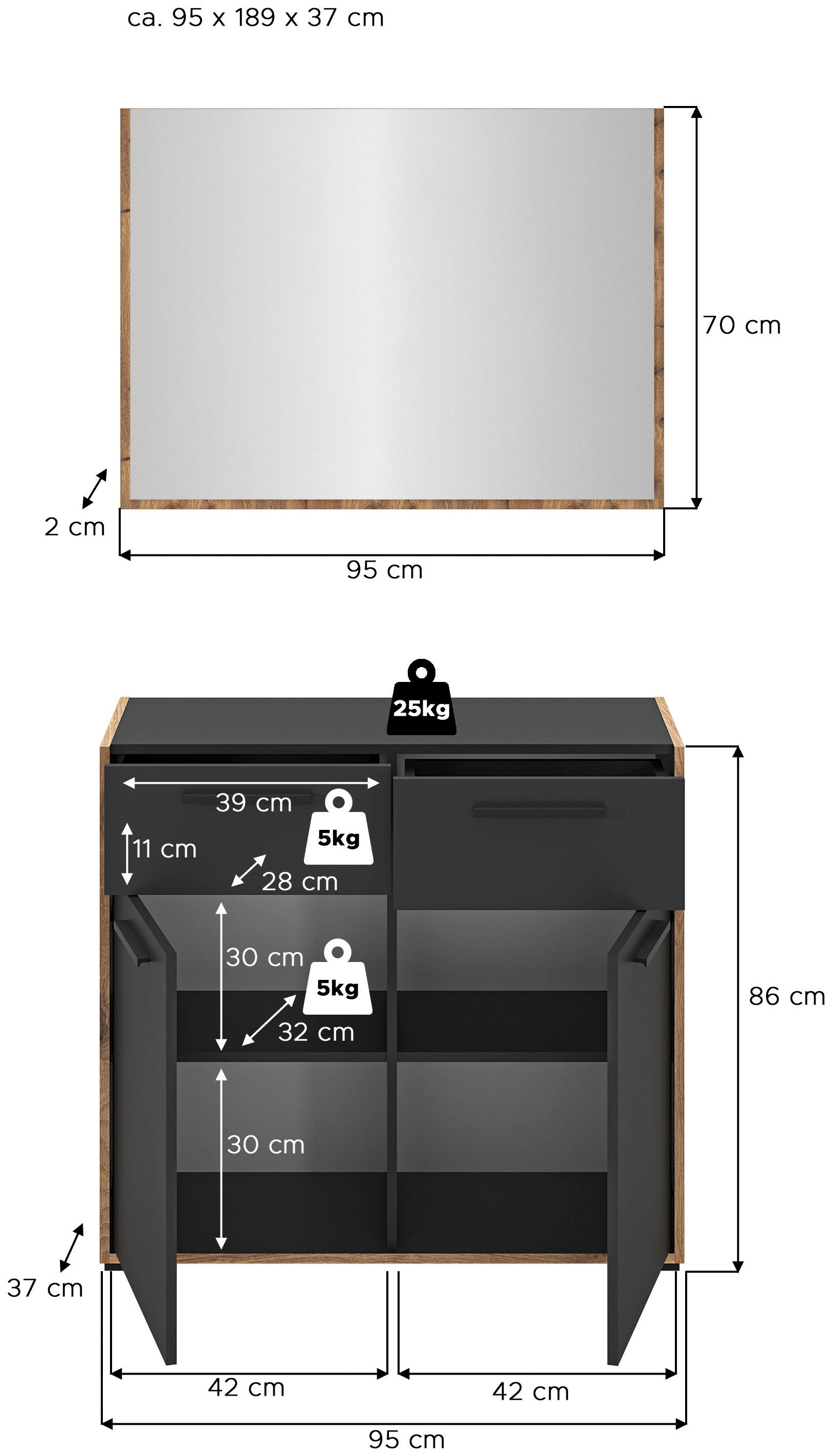 INOSIGN Garderoben-Set »MUSTA, 2-teilig, bestehend aus: Kommode & Garderobenspiegel«, Kombination, Kompaktgarderobe, Garderobenkombination, Garderobe