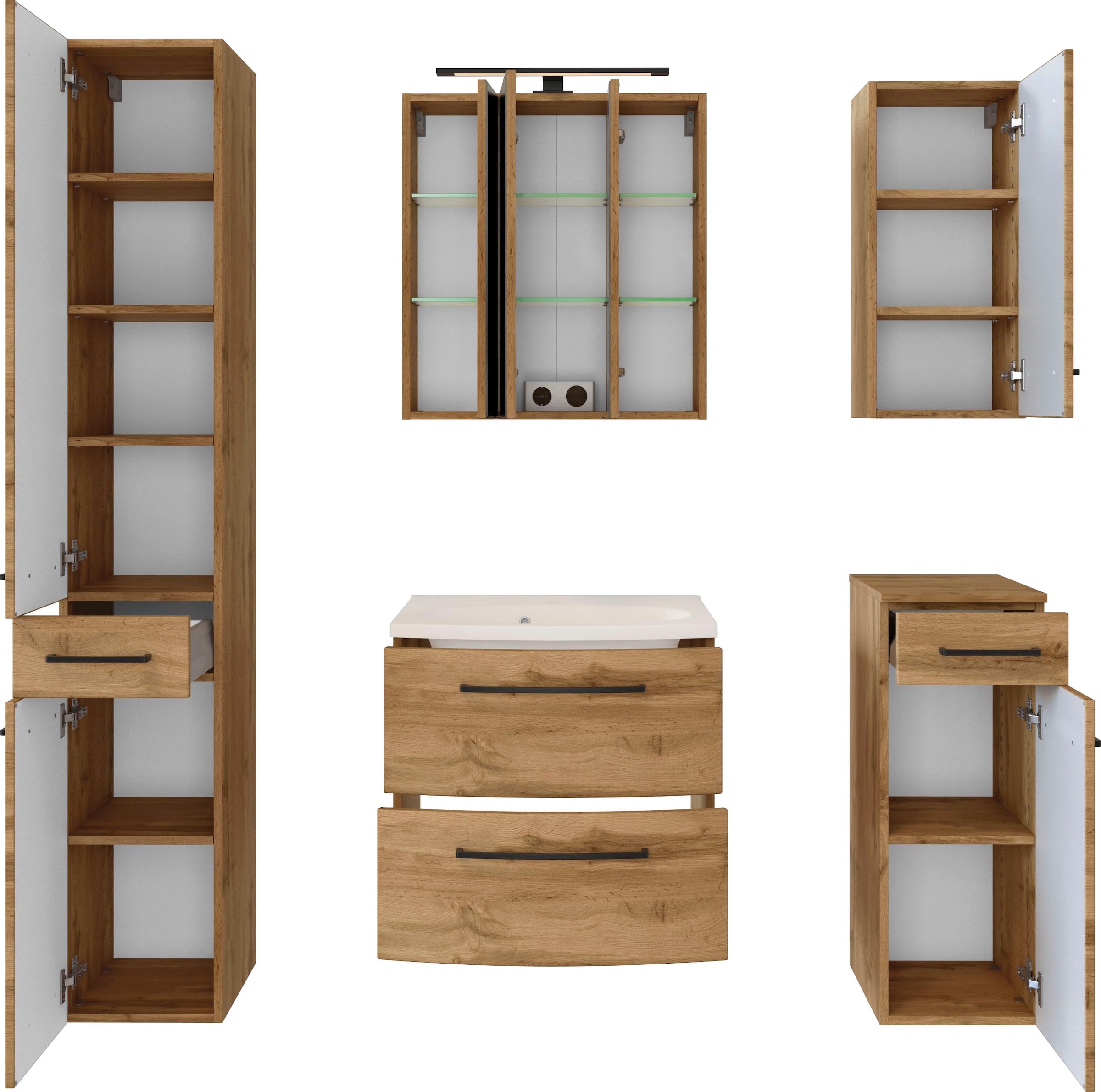 welltime Badmöbel-Set »Chicago«, (5 St., Spiegelschrank, Waschtisch, Hängeschrank, Unterschrank, Seitenschrank)