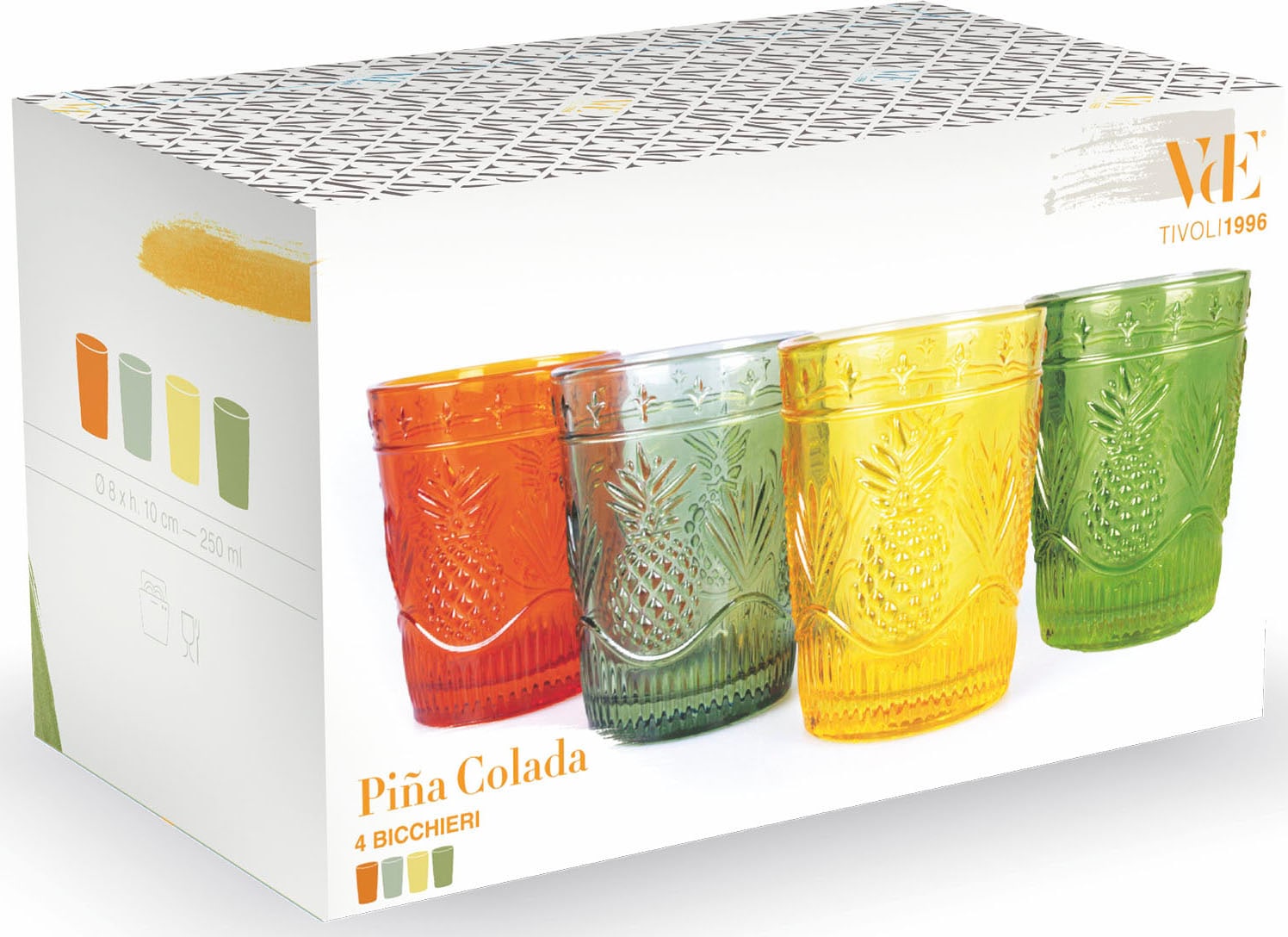 Villa d'Este Gläser-Set »Piňa bunt 250 ml«, (Set, 4 tlg.), Wassergläser-Set, 4-teilig, Inhalt 250 ml