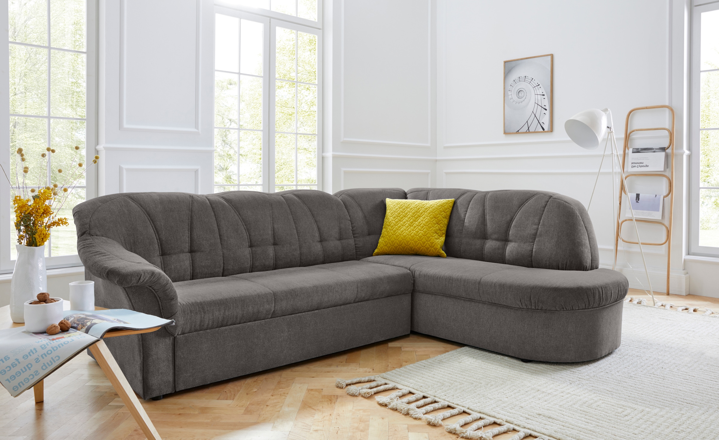 DOMO collection Ecksofa "Pegnitz, zeitlose und elegante Rückensteppung, Breite 246cm, L-Form" wahlweise mit Bettfunktion